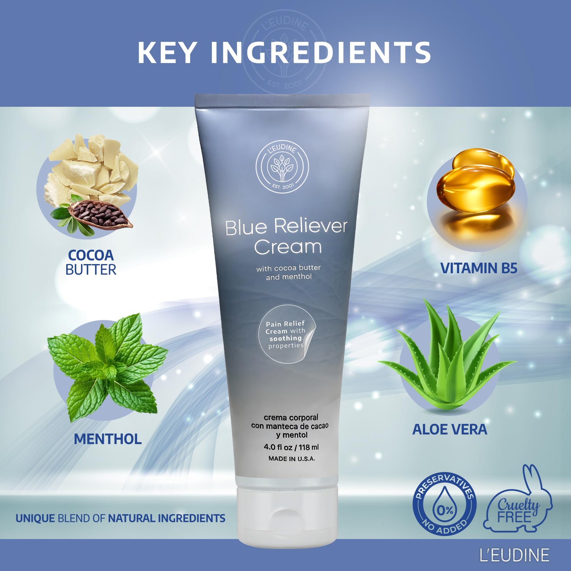 L'EUDINE Blue Reliever Cream – Joint and Muscle Therapy, Body Cream with Cocoa Butter and Menthol L'eudine Au supplements