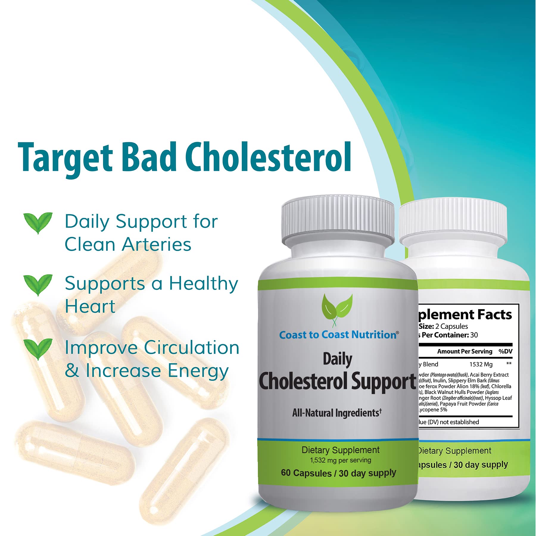 Coast to Coast Nutrition Cholesterol Support Supplement - Support Cardiovascular & Artery Performance, Target Bad LDL Levels & Plaque Calcium Buld-Up - Promote Circulation & Blood Flow - 60 Capsules Coast to Coast Nutrition Au supplements
