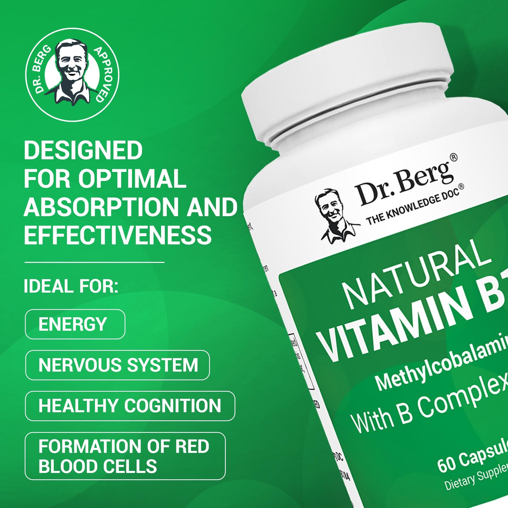 Dr. Berg Natural Vitamin B12 1000 mcg with B Complex Blend - Methylcobalamin B12 for Energy, Nerve Health, and Cognitive Function* - Methylated B12 with Folate - 60 Capsules (2-Month Supply) Dr. Berg Nutritionals Au supplements