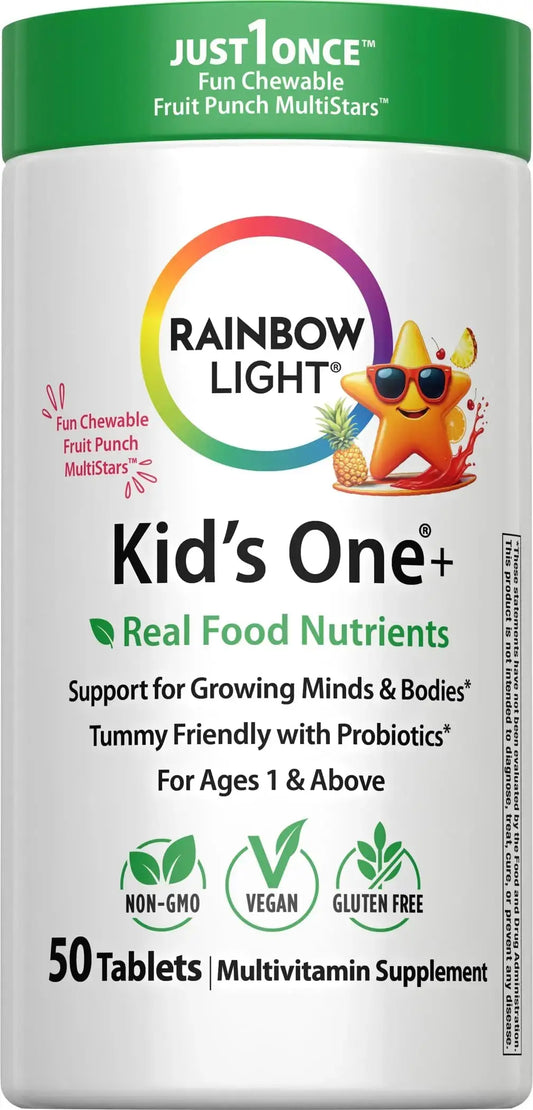 Rainbow Light Kids One + Multivitamin | 50 Chewable Tablets | with Iron & Tummy Friendly Probiotics | Fruit Punch Flavor | Real Food Nutrients Rainbow LightAU supplements