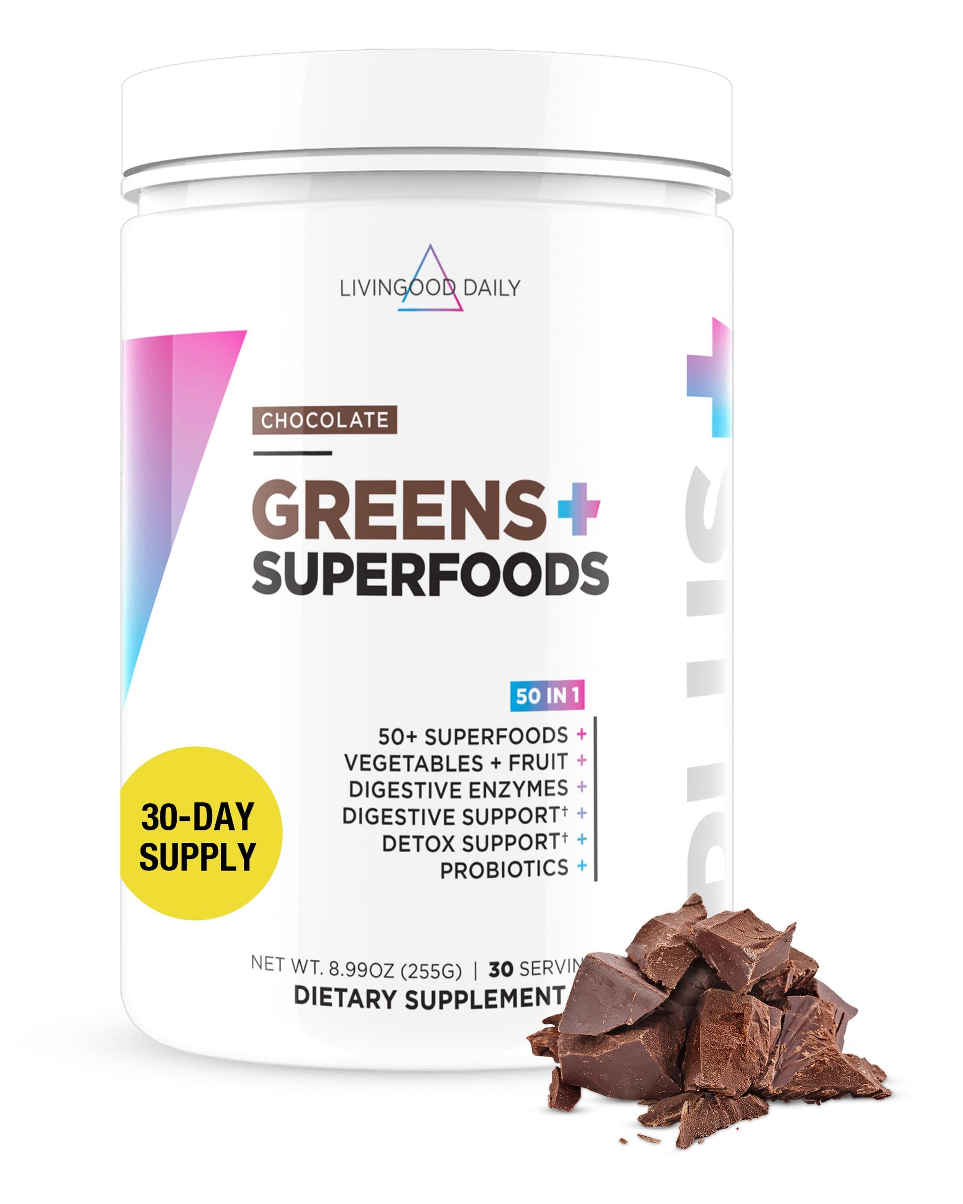 Livingood Daily Greens & Superfood Powder, Super Greens for Gut Health, Green Juice Powder with Spirulina, Chlorella, and Digestive Enzymes, Probiotics for Digestive Support, Chocolate, 30 Servings Livingood Daily Au supplements