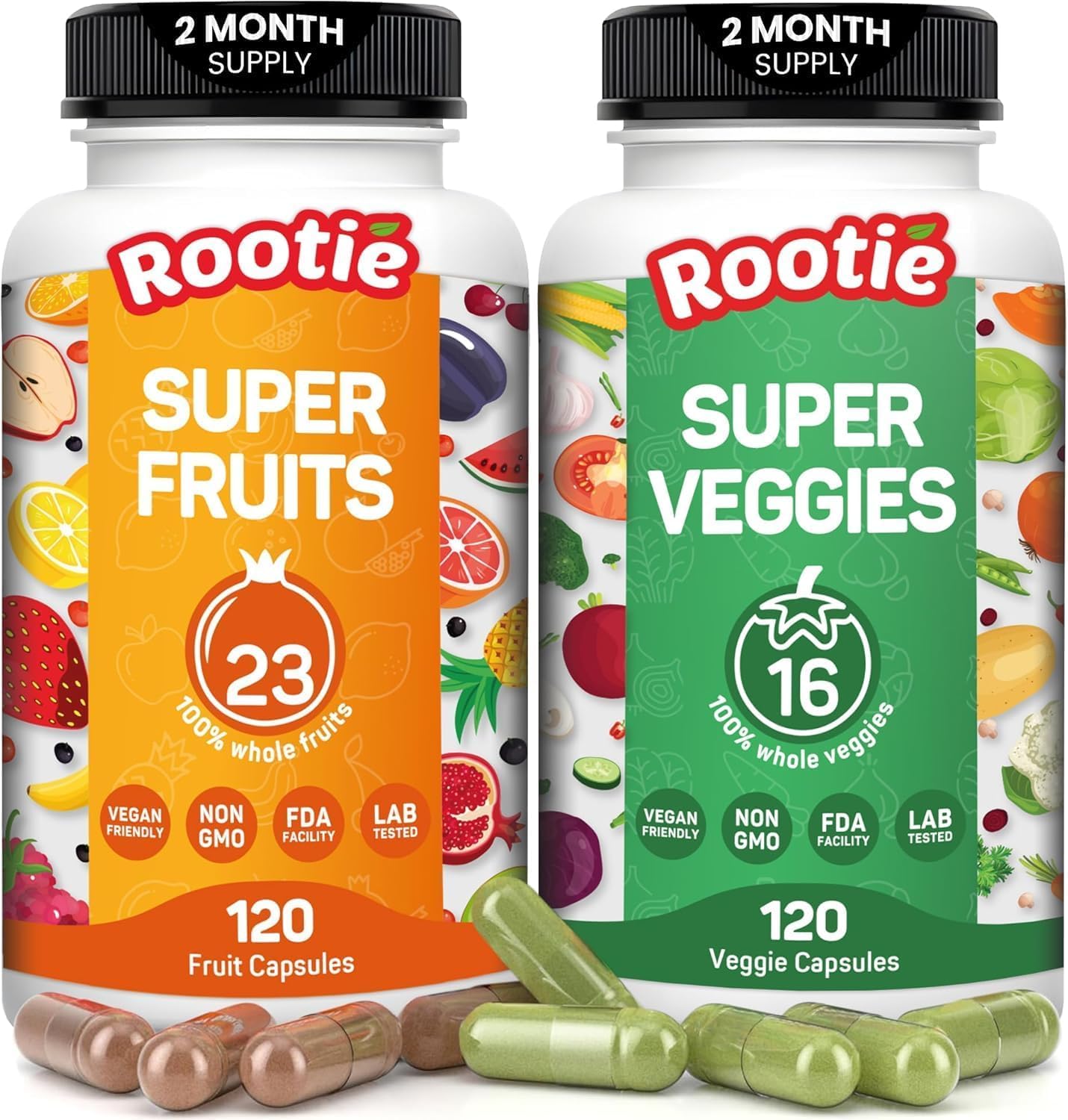 Fruits and Veggies Supplement Powerfull Blend of 39 Whole Fruits and Veggies, Fills Nutritional Gaps, Get Energy, Well-being. USA Made Non-GMO/Vegan/Gluten Free. Packaging May Vary (60 Day Supply) ROOTIE Au supplements