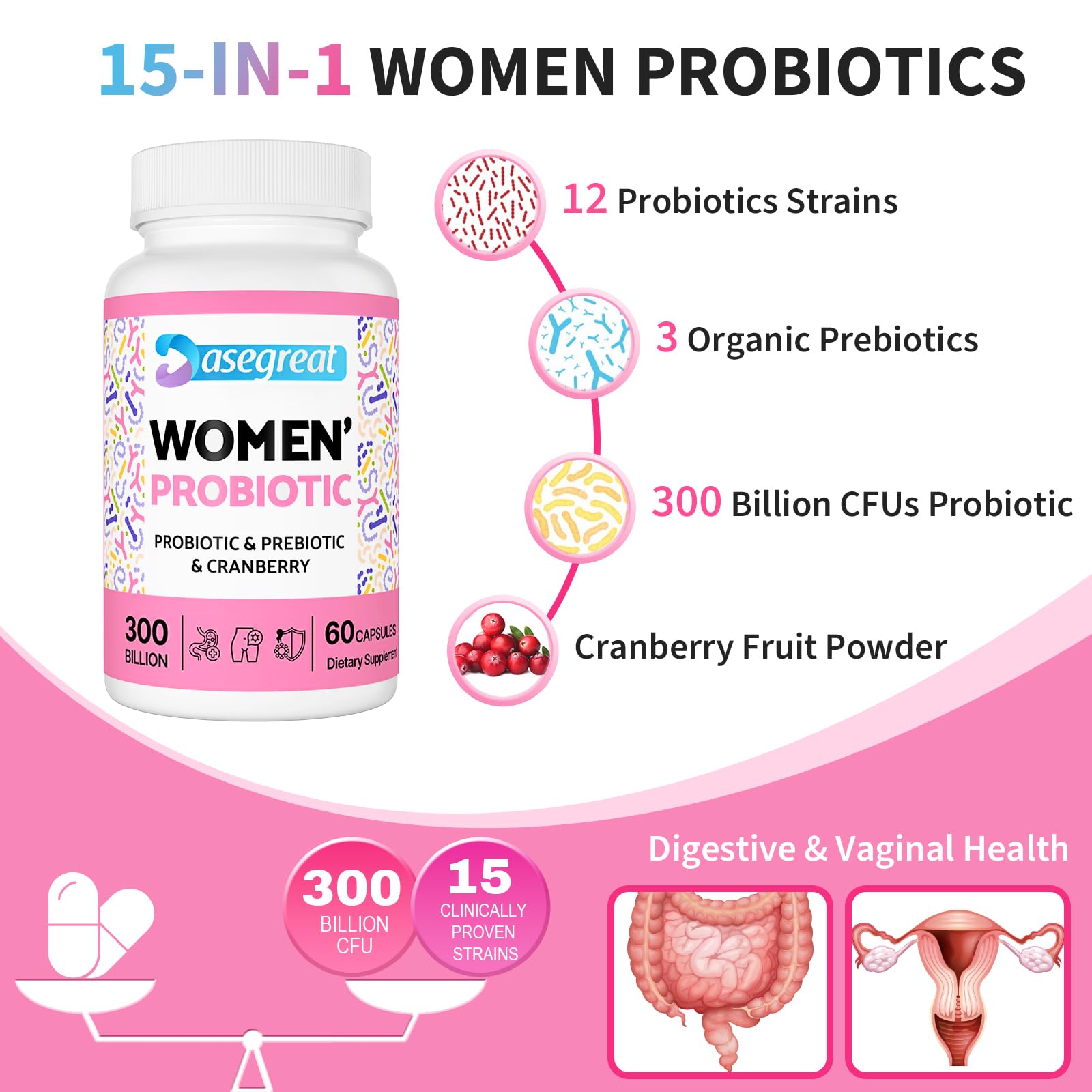 300 Billion CFUs Probiotics for Women,12 Strains Probiotics with Prebiotic Cranberry Heafetine Au supplements