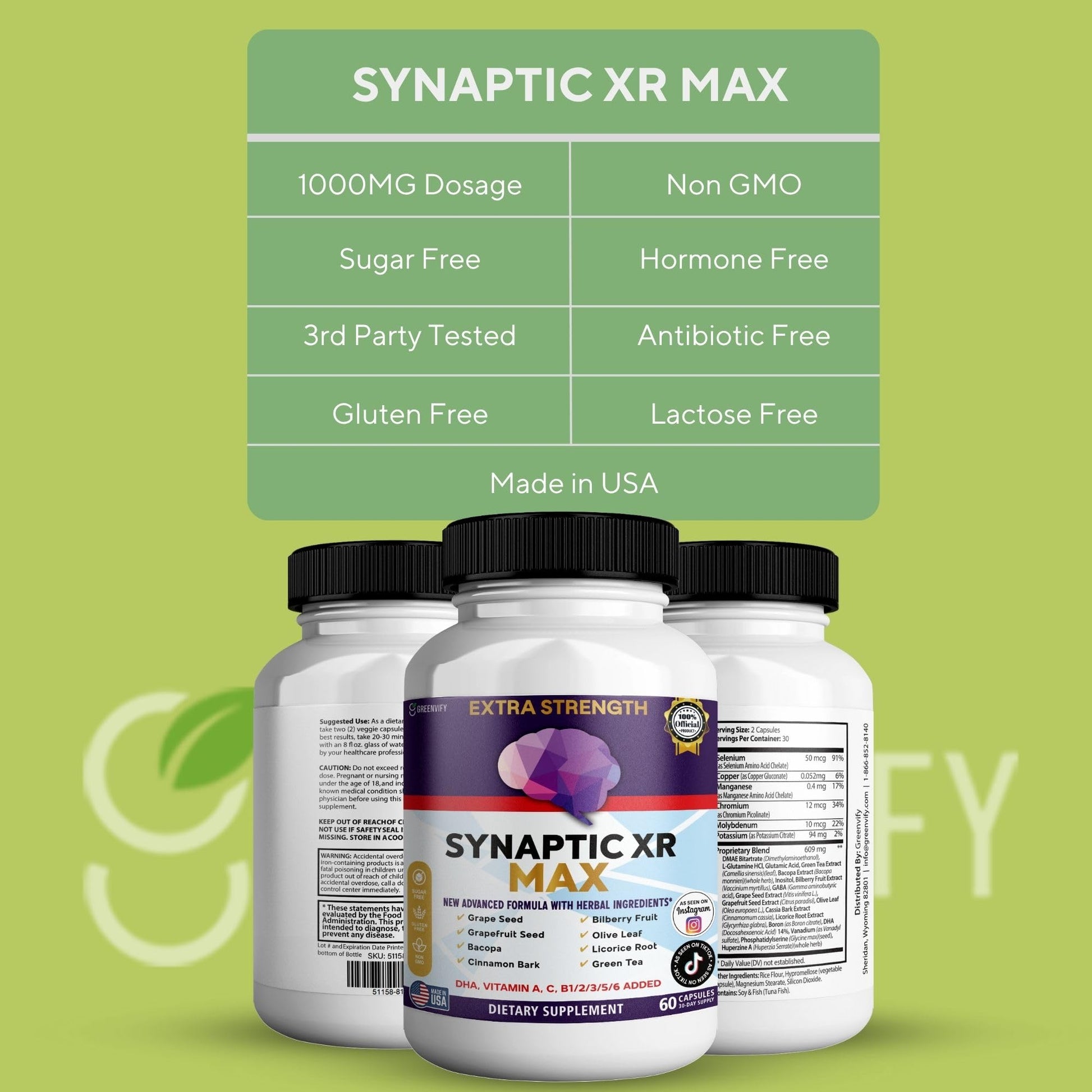 GREENVIFY Synaptic XR Max Extra Strength Brain Support Supplement with Herbal Ingredients, 60 Capsules, DHA Vitamins, Nootropic Formula (1) GREENVIFY Au supplements