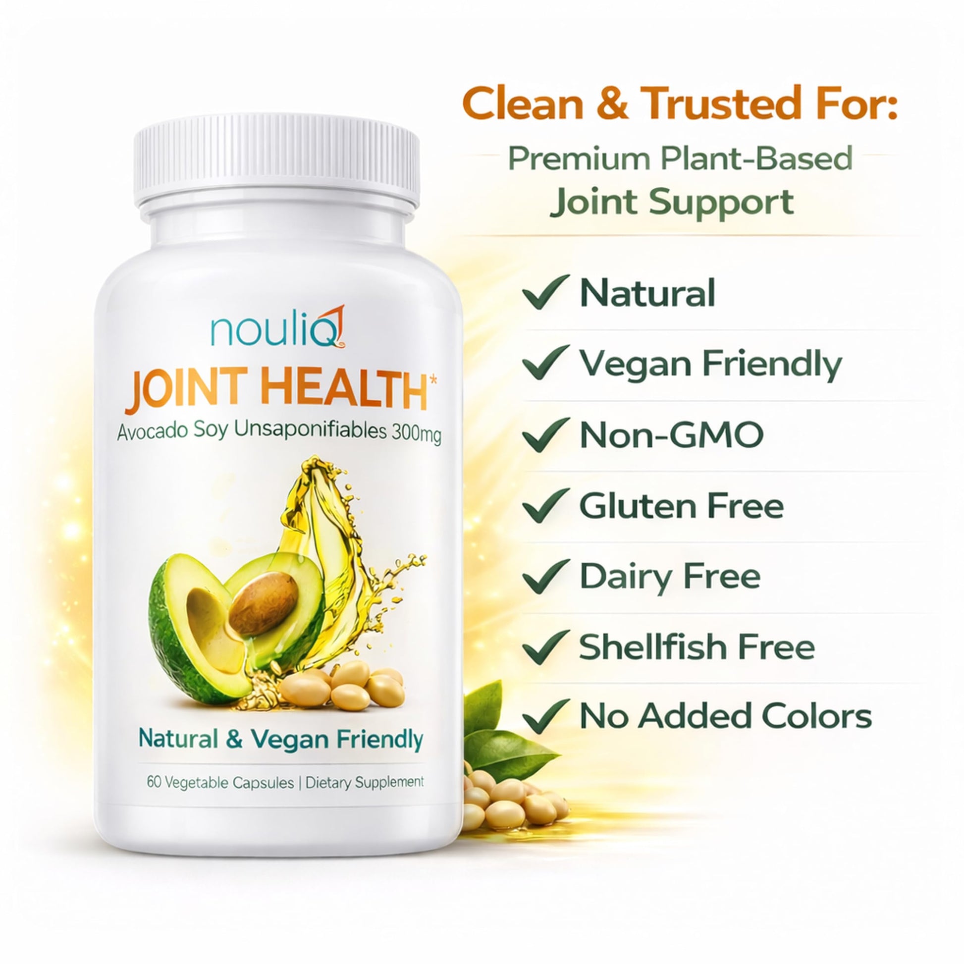 NOULIQ Natural & Vegan-Friendly Joint Health Supplement, Avocado Soy Unsaponifiables 300mg, Non-GMO, Free of Any Gluten, Artificial Colors or Flavors, Dairy and Shellfish, 60 Day Supply. NOULIQ Au supplements