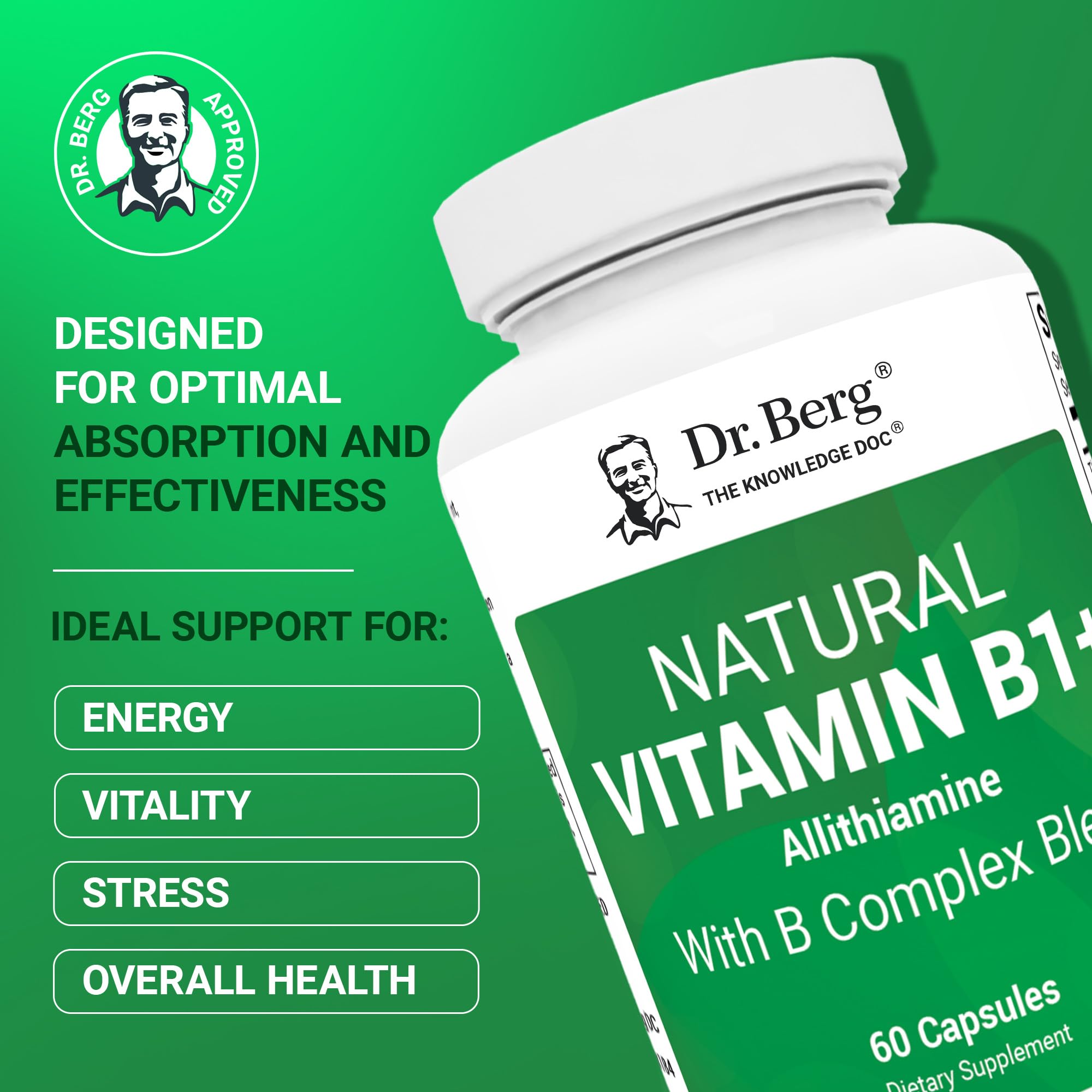 Dr. Berg Natural Vitamin B1 B6 B12 Complex - Allithiamine Vitamin B1 Supplement with 8 Essential Vitamin B Complex for Men & Women Including Thiamin, Niacin, Folate, Magnesium & More - 60 Capsules Dr. Berg Nutritionals Au supplements