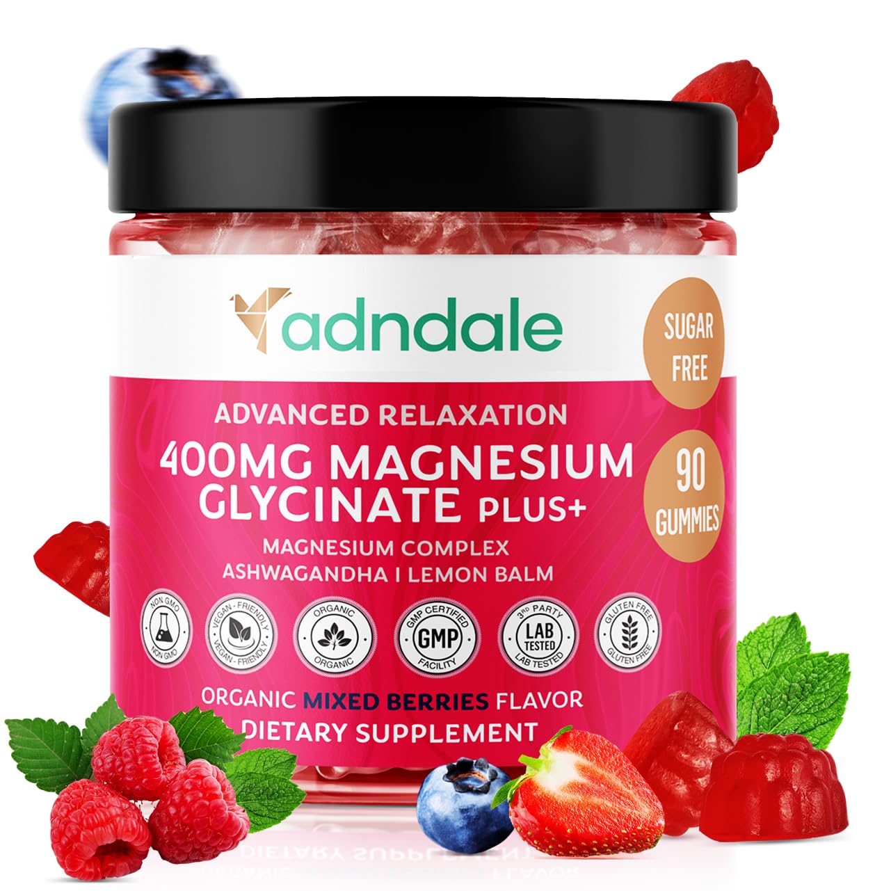 Adndale 90 CT Magnesium Glycinate 400 mg Gummies with Ashwagandha, Magnesium Malate & Taurate, Sugar Free Magnesium Gummies for Adults & Kids. Adndale Au supplements
