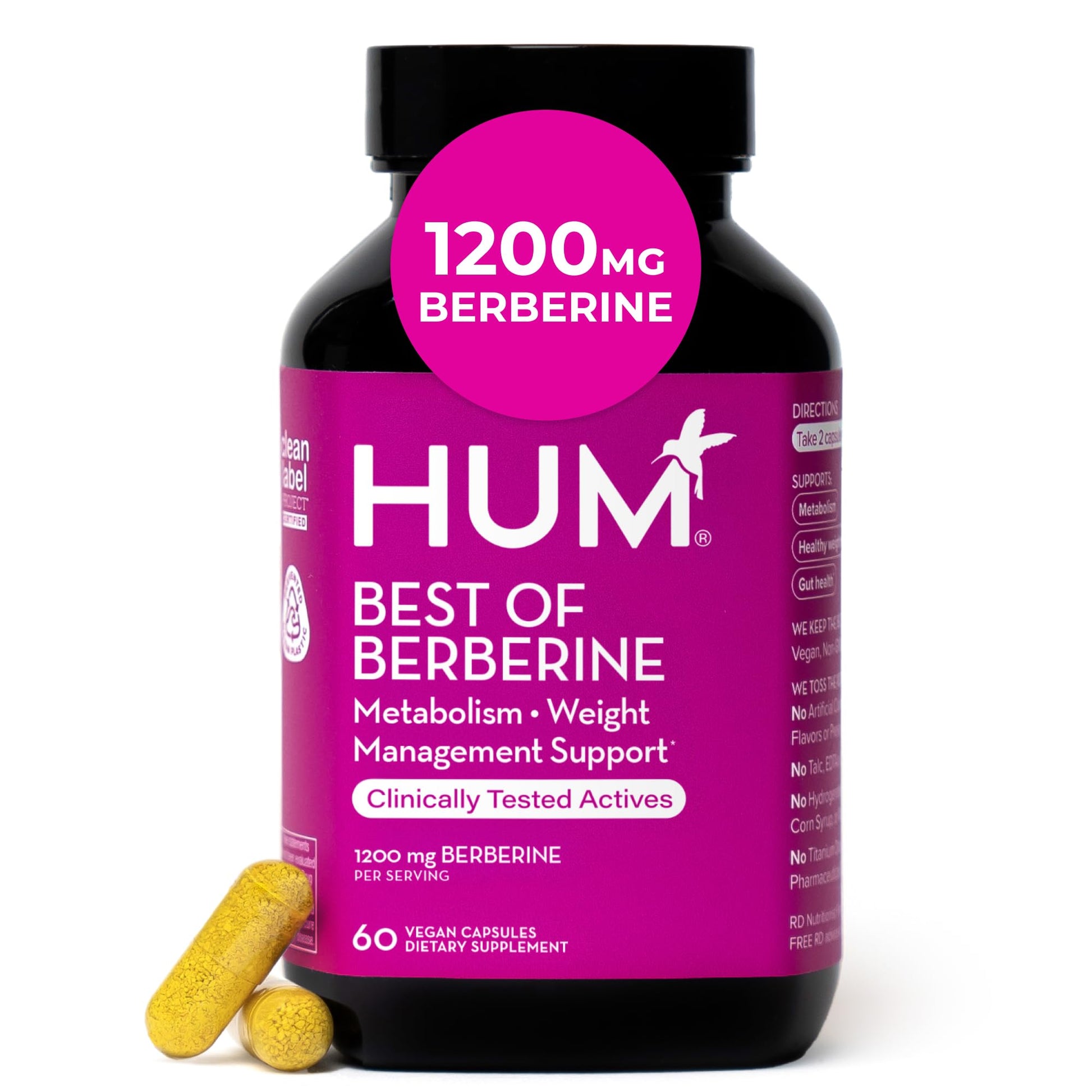 HUM Best of Berberine Supplement 1200mg, Pure Potency for Metabolic Wellness, Gut Health, Pure Berberine Supplements Enhanced with BioPerine for Maximum Absorption, 60 Capsules HUM Au supplements