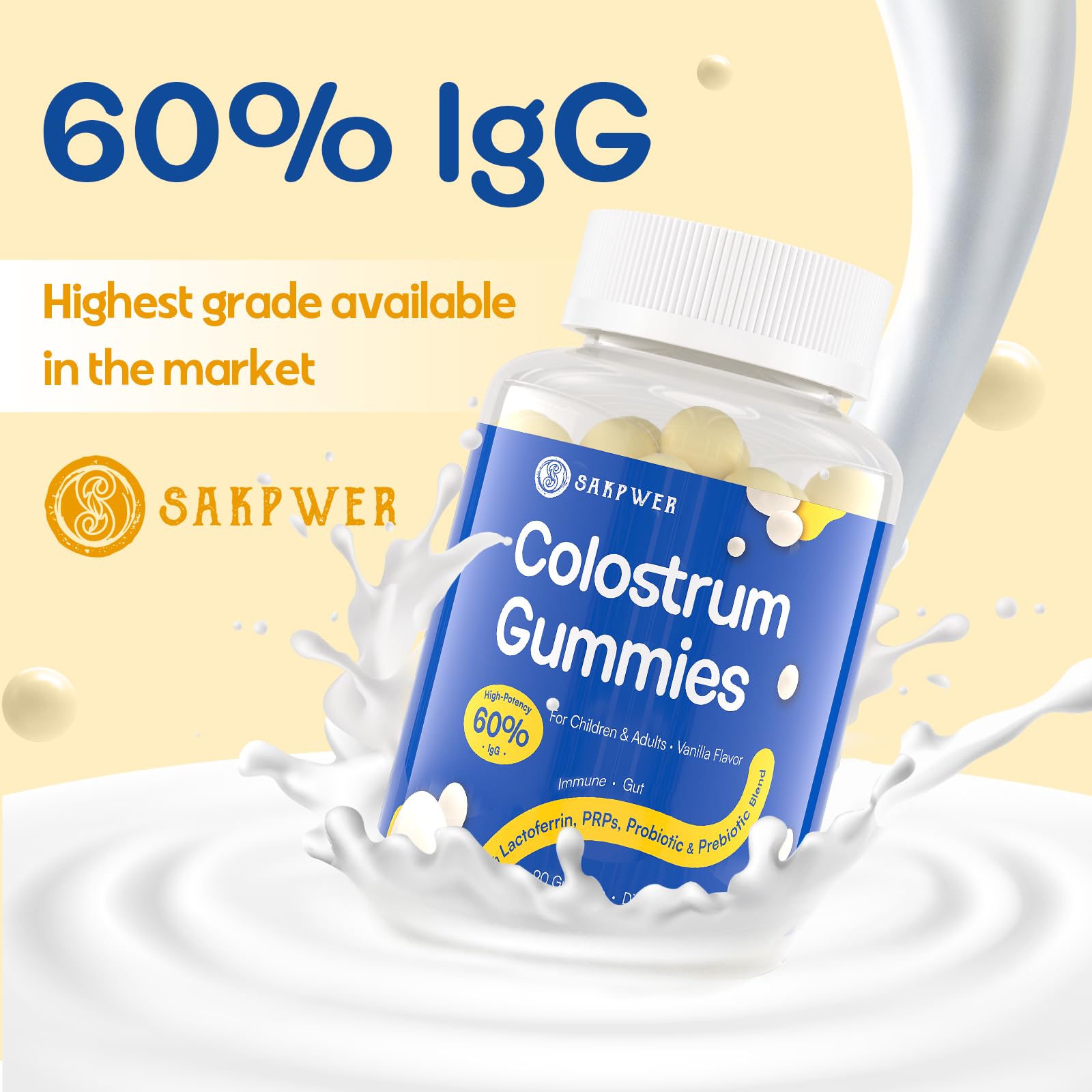 Sakpwer Bovine Colostrum Supplement Gummies - with 60% Highest IgG, Lactoferrin, Probiotics and Prebiotics for Adults and Kids, Vanilla Flavor & Sugar Free, 90 Gummies Sakpwer Au supplements