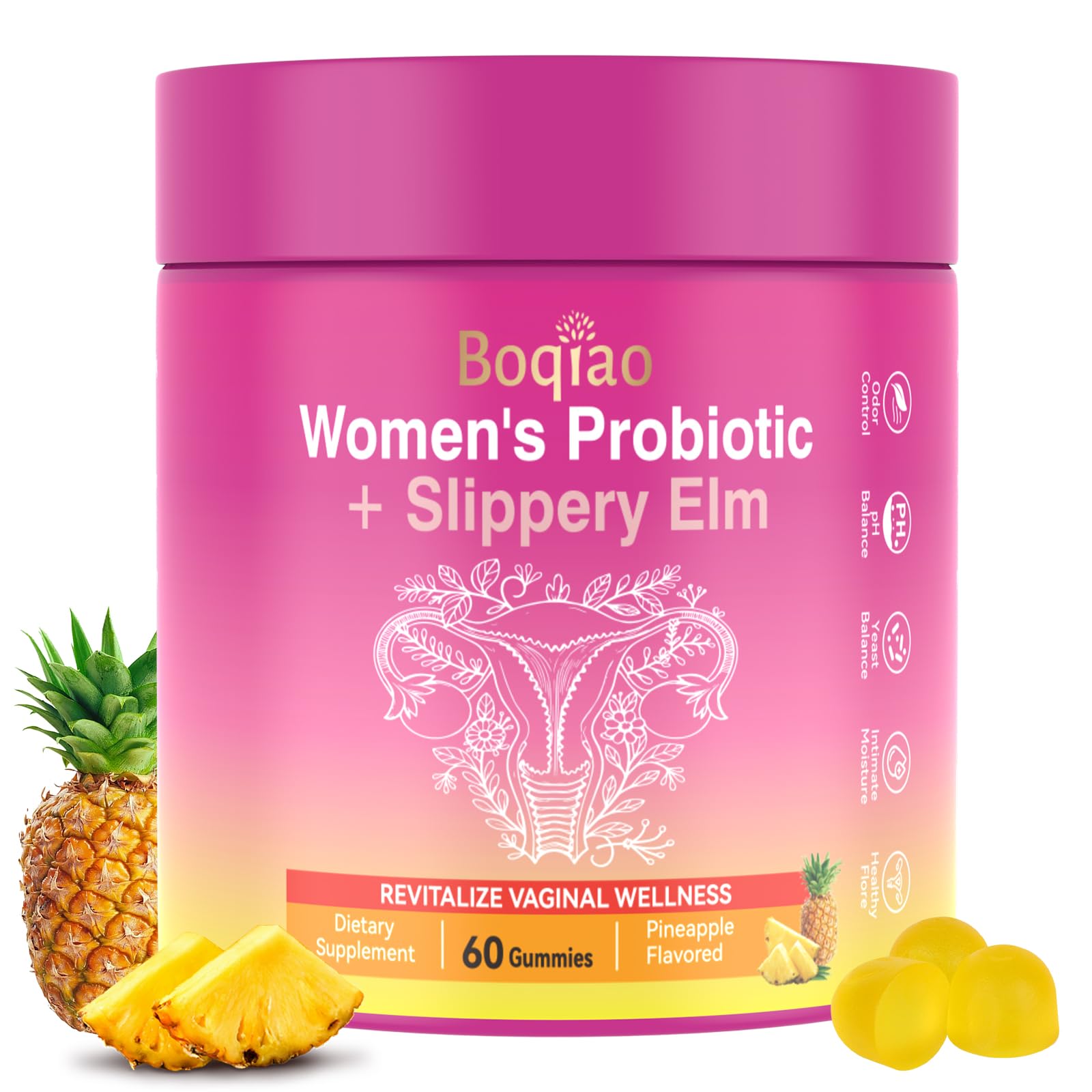 Feminine Probiotics Gummies with Slippery Elm - 60 Pineapple Gummies for Women ph Balance, Vaginal Probiotics Supports Flora, Gut Health & Immune System, Prebiotics & Lactobacillus Blend (Pineapple) Boqiao Au supplements