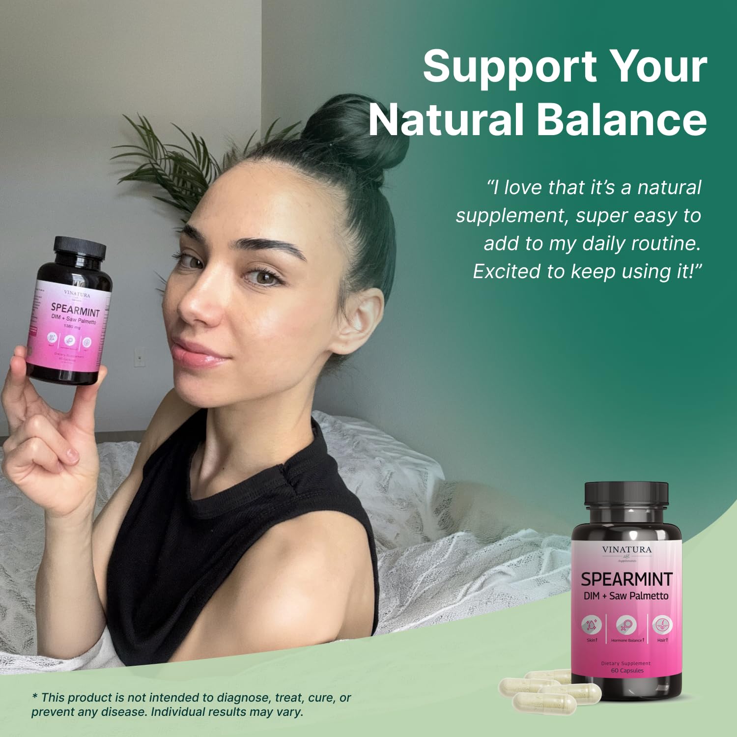 VINATURA Spearmint Leaf Capsules Supplement - Enhanced with DIM & Saw Palmetto, for Unwanted Hair, Women' Health & Skin *USA Made & Tested* - 1380mg/serving, 60 Capsules (30 Servings) VINATURA Au supplements