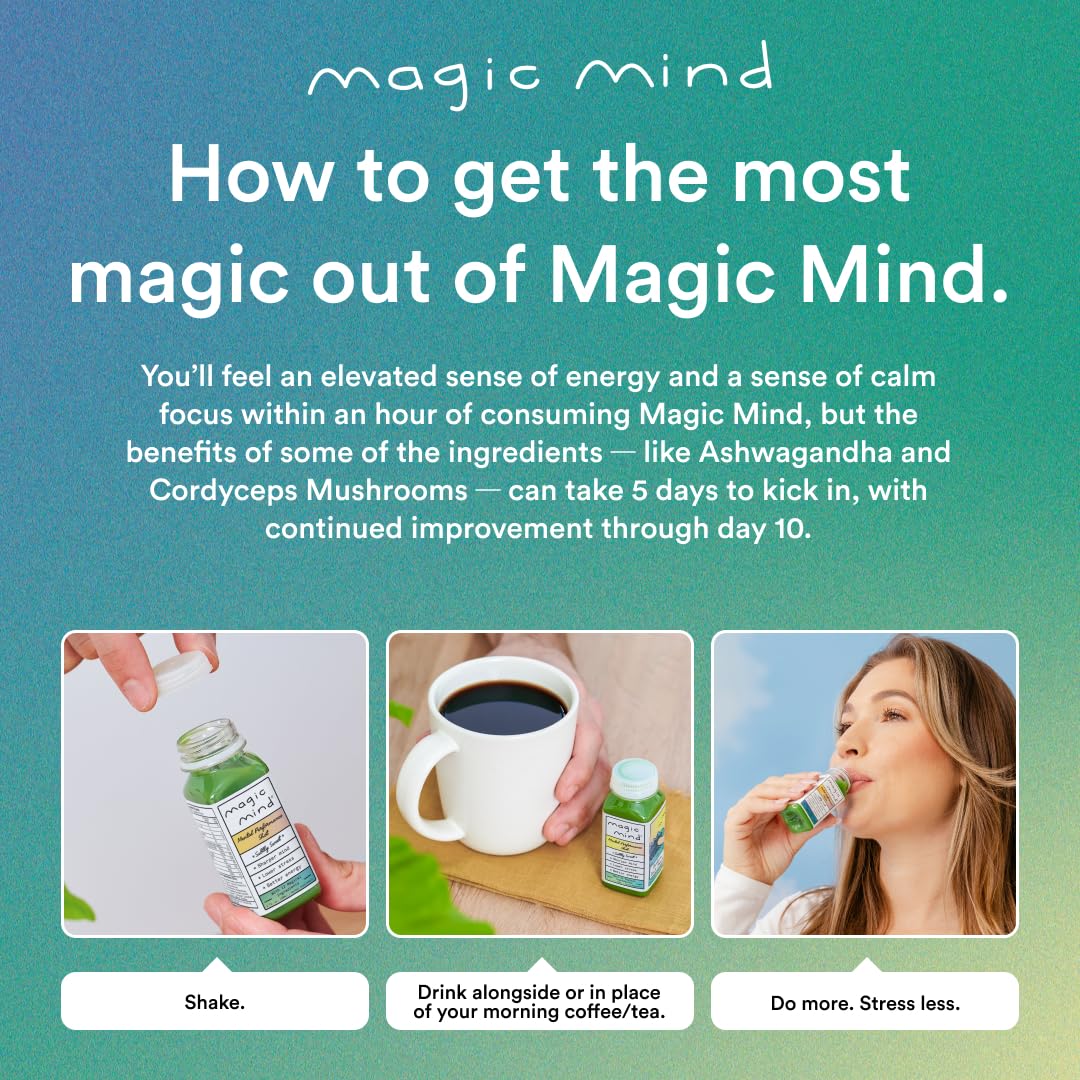 Magic Mind Energy And Focus Drink Shots - Stress Relieving, No Jitters, Ashwagandha, Vitamin B12, Vitamin C, Matcha Green Tea, Functional Mushrooms - 2 FL Oz (15 Pack) Magic Mind Au supplements