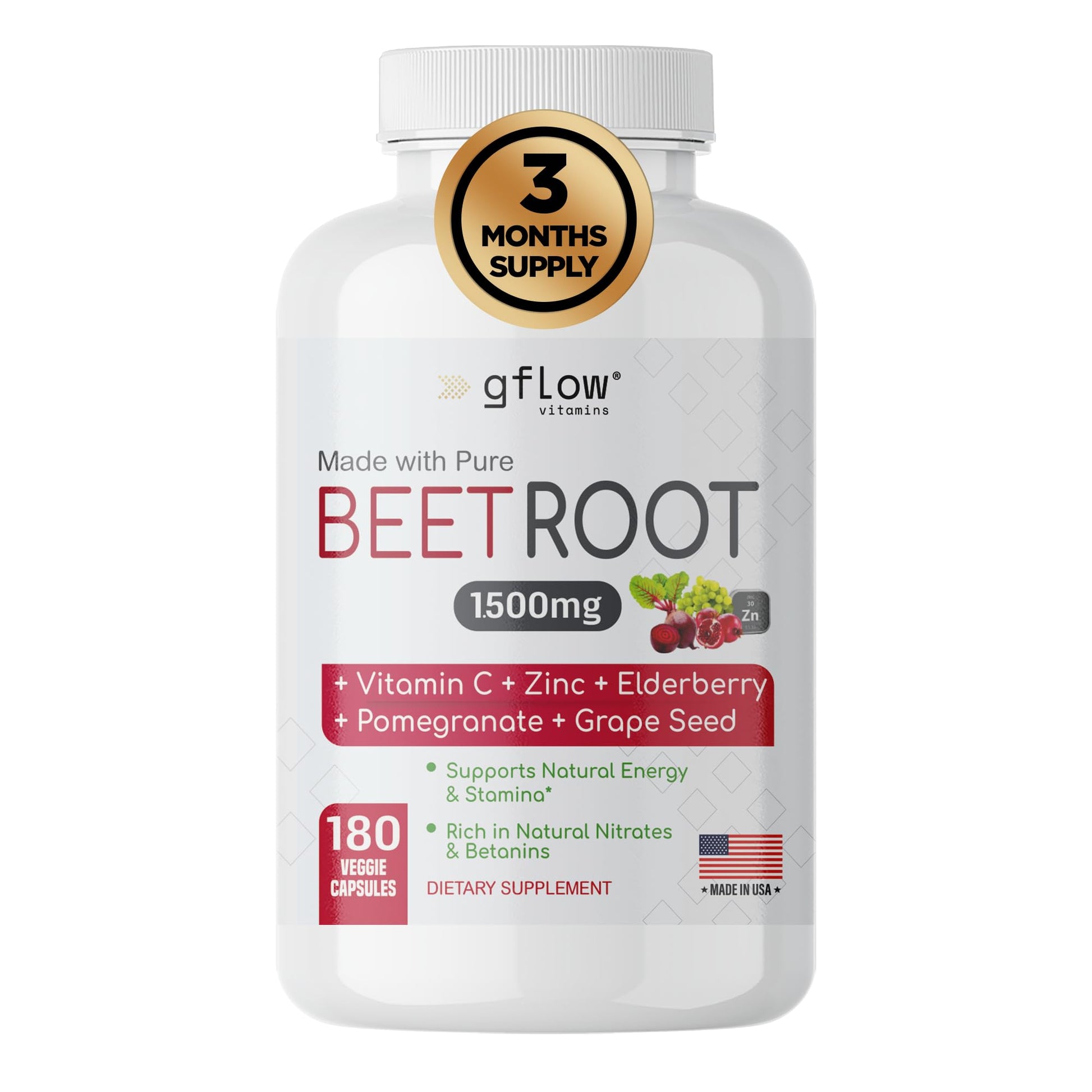 gflow vitamins Beet Root Capsules Organic - All Natural with Vitamin C and Zinc - Supports Heart Health & Stamina, Non-GMO, 180 Vegetarian Capsules | Made in USA gflow vitamins Au supplements