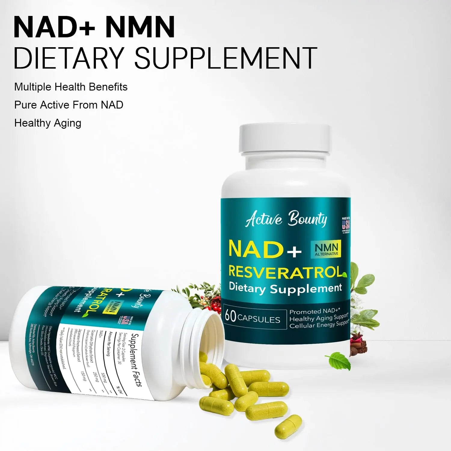 NAD+ Resveratrol Supplement with Quercetin – NMN Alternative for Cellular Energy Support, Focus & Healthy Aging – High Potency 500mg NAD+ Formula, Vegan, Non-GMO, Gluten-Free, Made in USA, 60 Capsules Active Bounty Au supplements