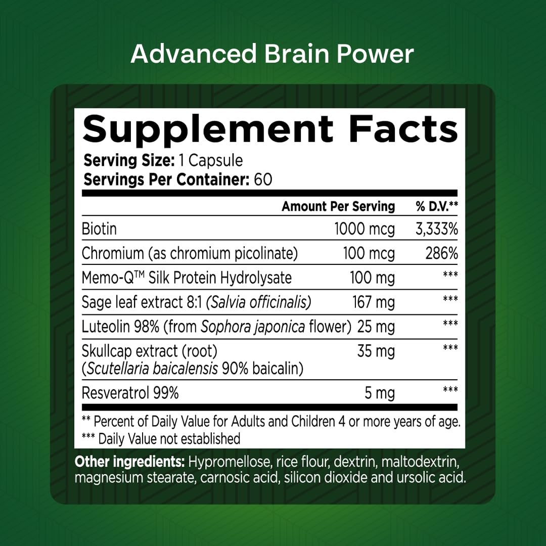 GREEN VALLEY NATURALS - Advanced Brain Power - Supports Healthy, Normal Brain Function, Focus and Concentration, clinically formulated to Support Healthy Brain Clarity. (1 Bottle, 60, Count) GREEN VALLEY NATURALS Au supplements