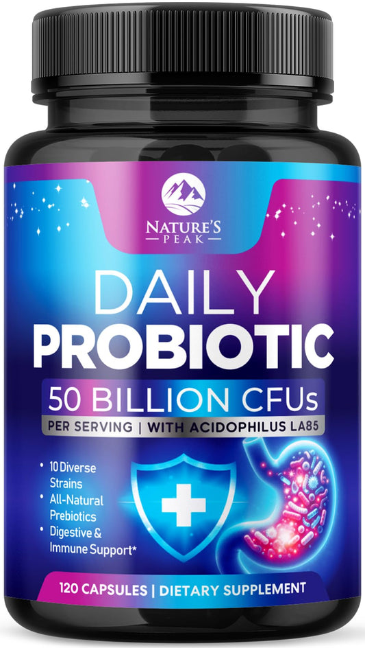 Probiotics 50 Billion CFU Per Serving - 10 Premium Strains + Digestive Enzymes & Prebiotics - Best Probiotic for Women & Men, Supports Immune, Nature's PeakUS supplements