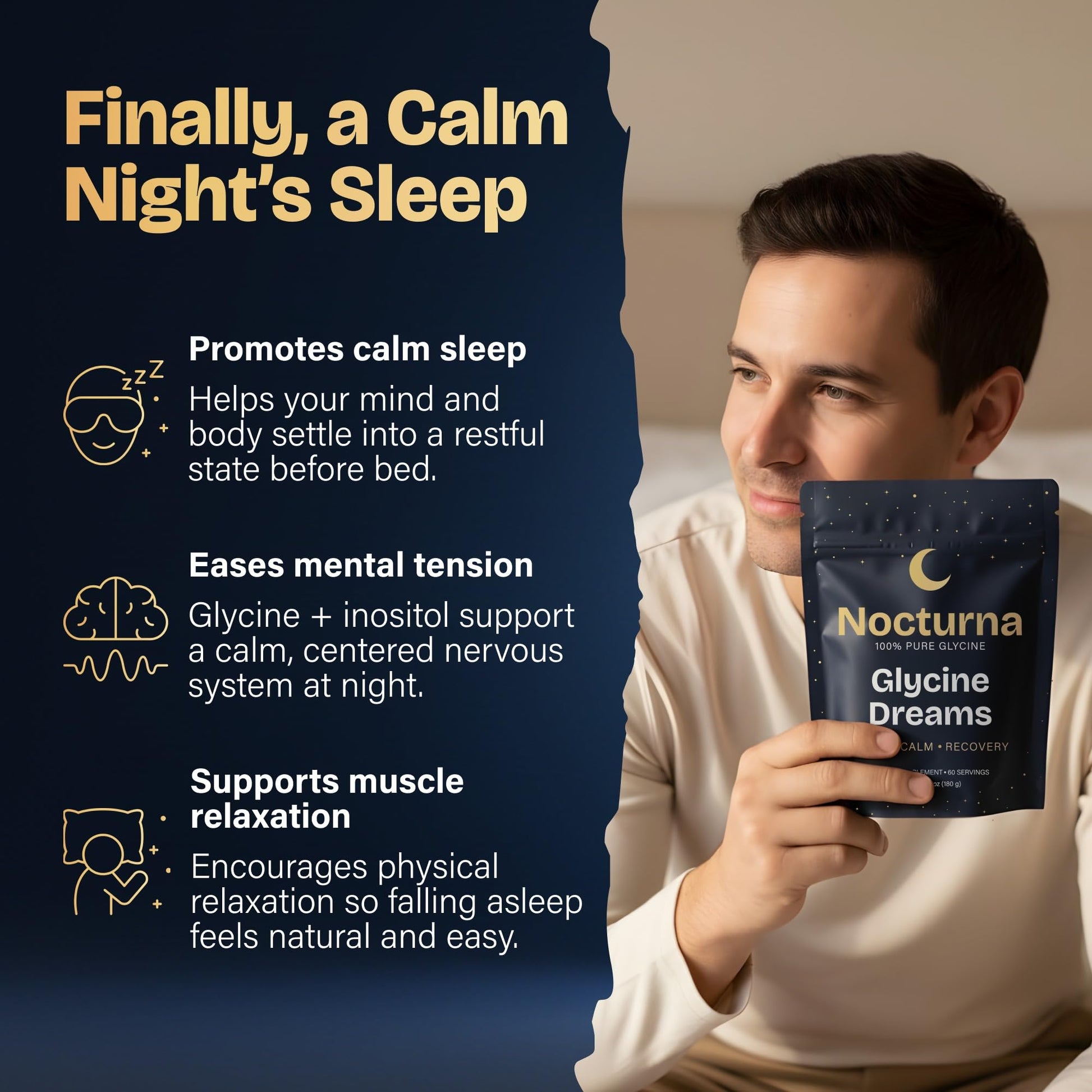 Nocturna Glycine Supplement – 100% Pure 3g Glycine Powder for Sleep, Calm & Recovery – USA Made Sleep Aid for Men & Women – Non-GMO & Completely Natural - 6.3Oz for 60 Servings Nocturna Au supplements