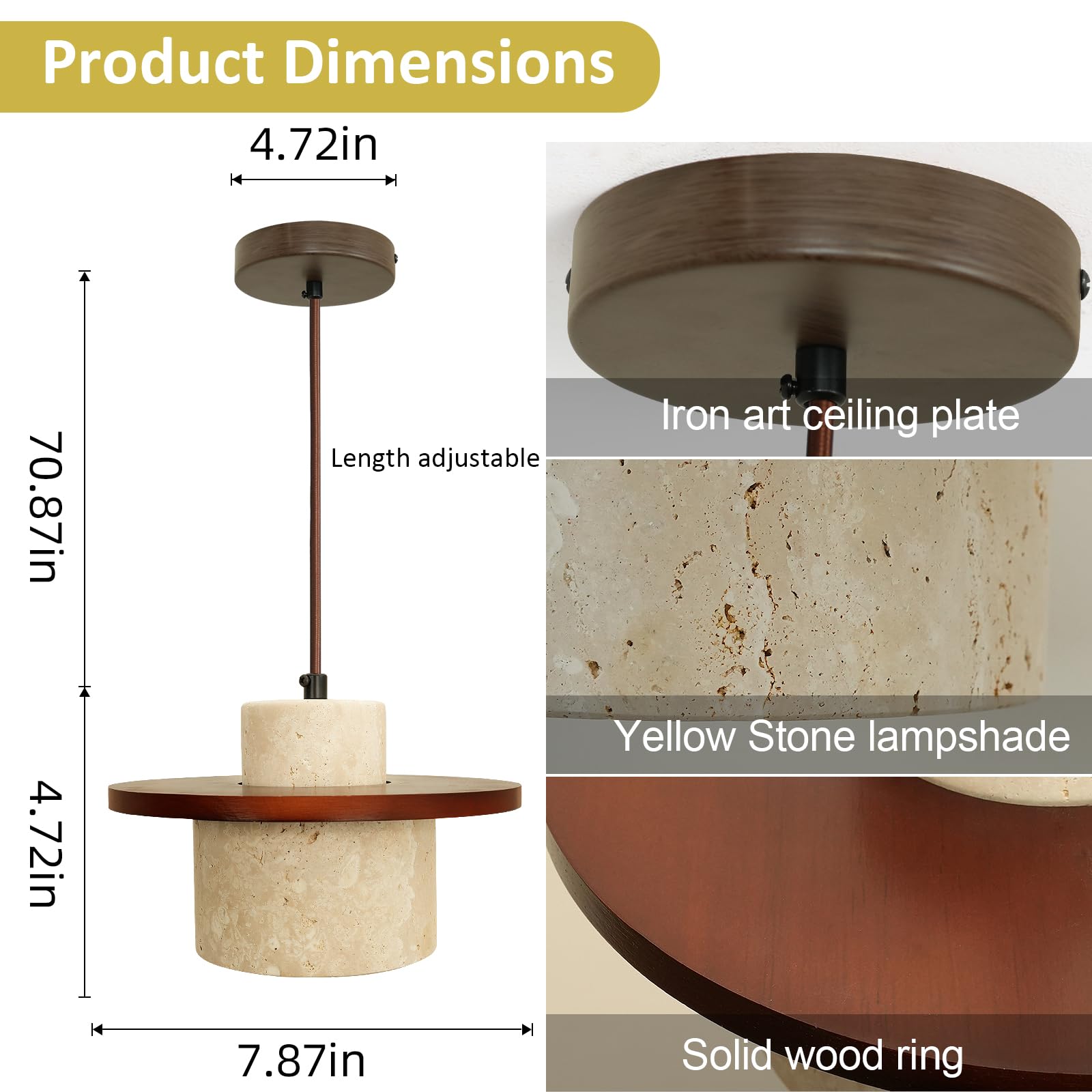 Nordic Pendant Light Natural Yellow Travertine Lamp Simple Wabi Sabi Lamp Suitable for Restaurant Bedside Kitchen Island Cafe Wood Pendant Light (Walnut Color) Generic Au supplements
