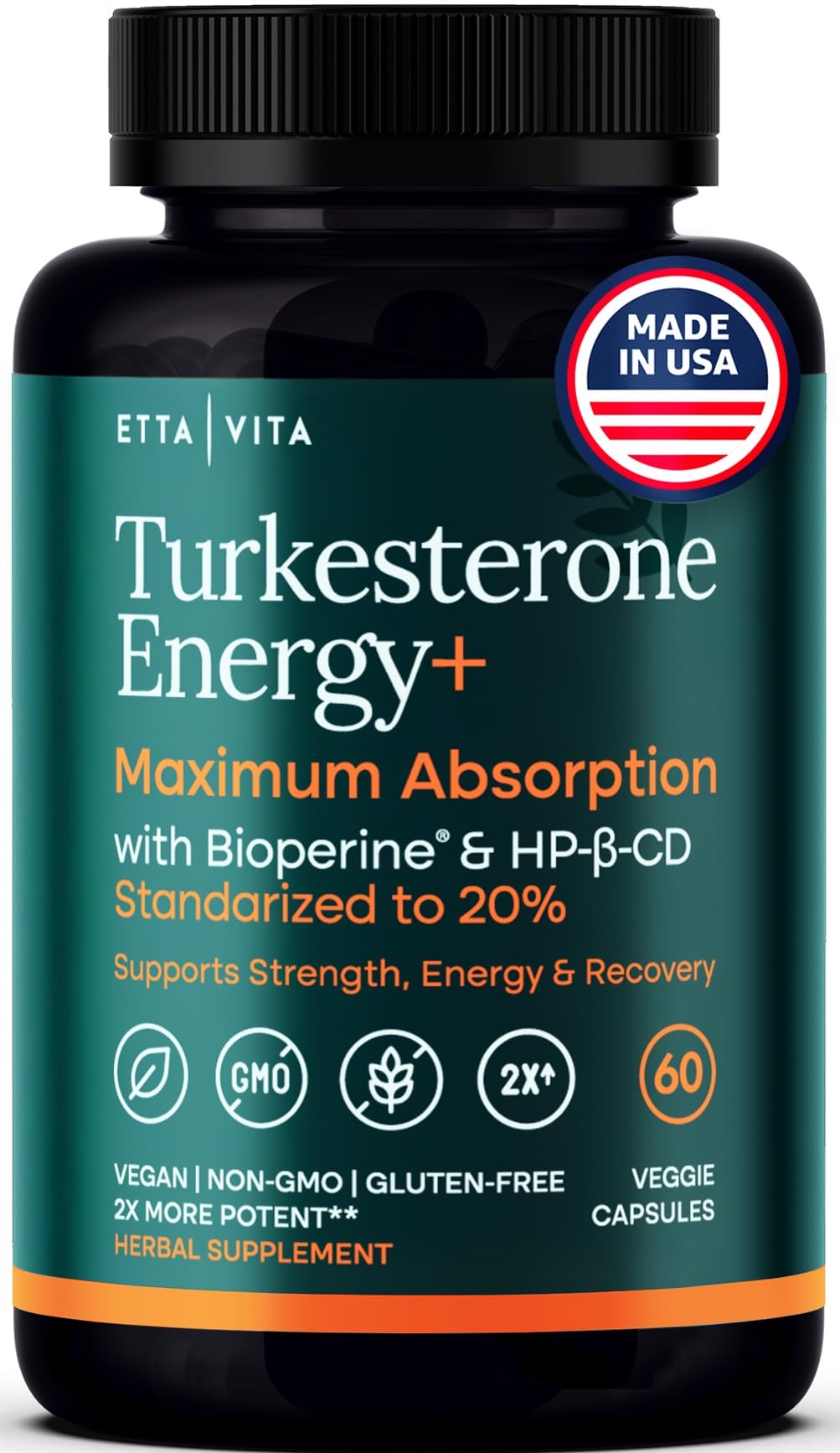 Potent Turkesterone Supplement, 2X Pure (Made in USA - 3rd Party Tested) Most Bioavailable and Natural Test Support Supplement, Supports Energy Lean Muscle Health, Recovery and Stamina, Vegan (60ct) Etta Vita Au supplements
