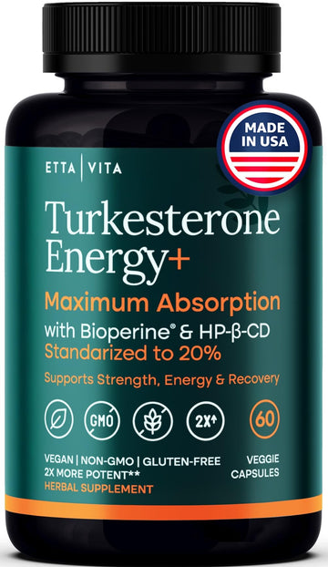 Potent Turkesterone Supplement, 2X Pure (Made in USA - 3rd Party Tested) Most Bioavailable and Natural Test Support Supplement, Supports Energy Lean Muscle Health, Recovery and Stamina, Vegan (60ct) Etta Vita Au supplements
