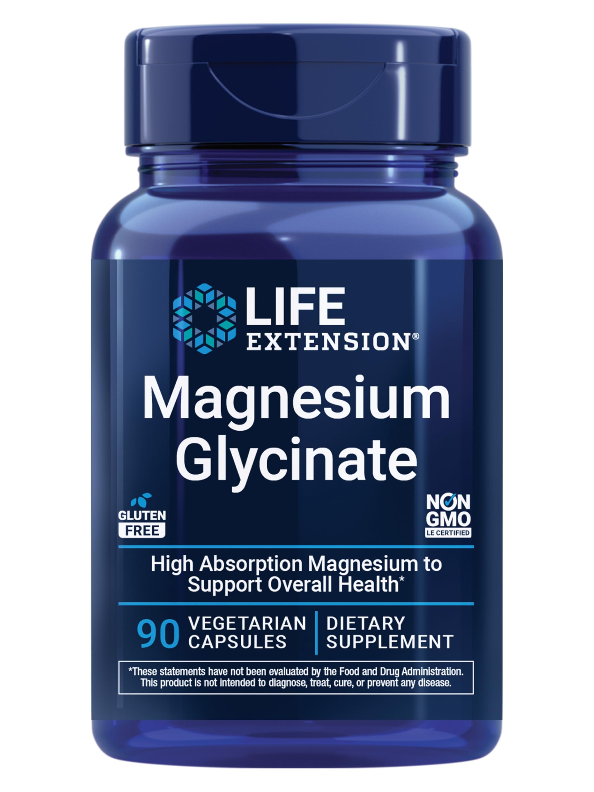 Life Extension Magnesium Glycinate, Heart Health, Bone Health, Nerve and Muscle Support, Highly absorbable, Gluten-Free, Non-GMO, Vegetarian, 90 Capsules Life Extension Au supplements