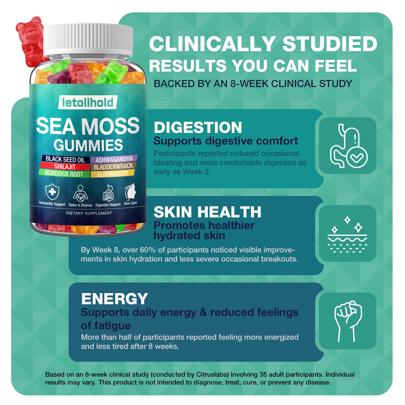 Sea Moss Gummies - Irish Sea Moss Gummies Advanced for Adults with Ashwagandha Bladderwrack & Burdock Root for Supports Immune，Energy - 60 Vegan Gummy,2PCS letollhold Au supplements