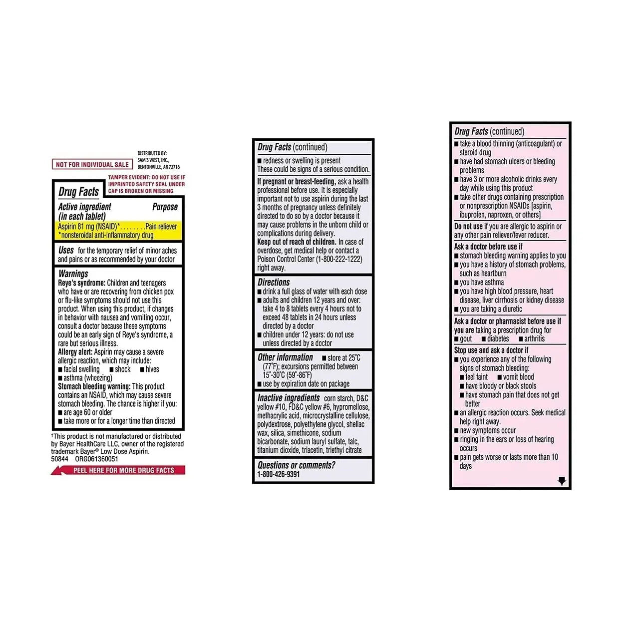 Sam's West Member's Mark Low Strength Adults Enteric Safety Coated Aspirin Regimen Tablets Pain Reliever NSAID, 81 mg, 2 Bottles, 730 Tablets MEMBER´S MARK Au supplements