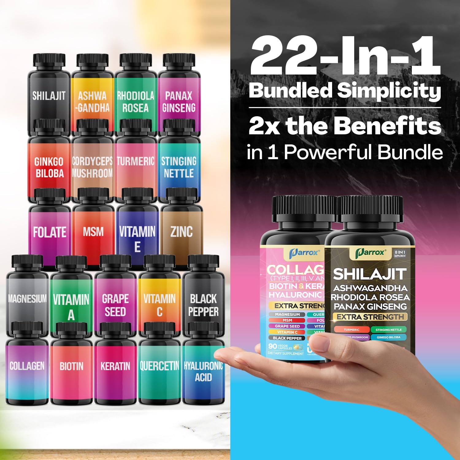 Parrox Adaptogen & Beauty Bundle – Rhodiola, Panax Ginseng, Ashwagandha, Cordyceps, Turmeric, Collagen, Biotin, Keratin, MSM, Hyaluronic Acid, Zinc, Quercetin, Vitamin C, A & E, Folate, Magnesium Parrox Au supplements