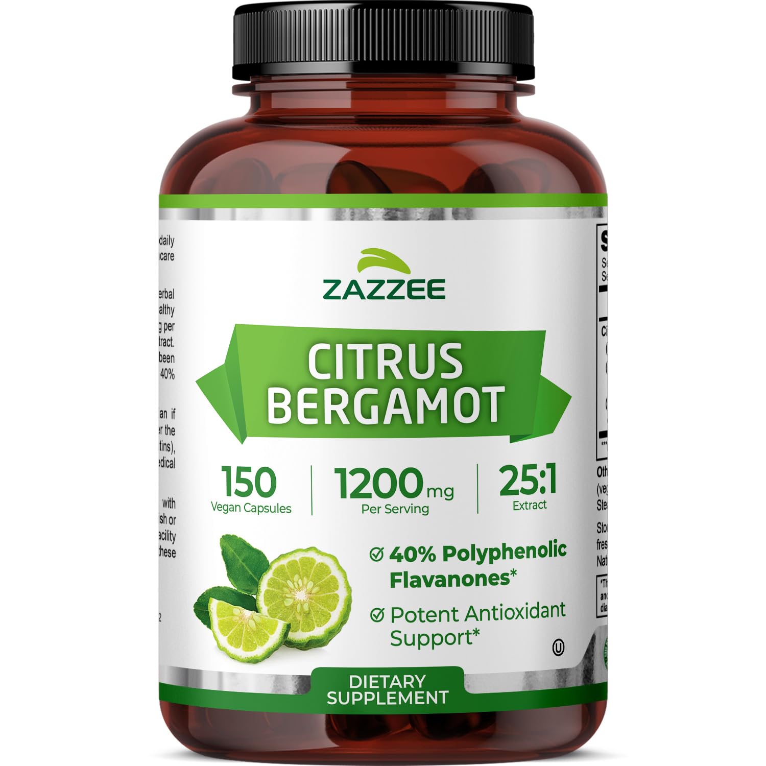 Zazzee Citrus Bergamot 25:1 Extract, 1200 mg Per Serving, 40% Polyphenolic Flavanones, 150 Vegan Capsules, 5 Month Supply, Citrus Bergamia, Antioxidant Support, Certified Kosher, Non-GMO, Made in USA Zazzee Au supplements