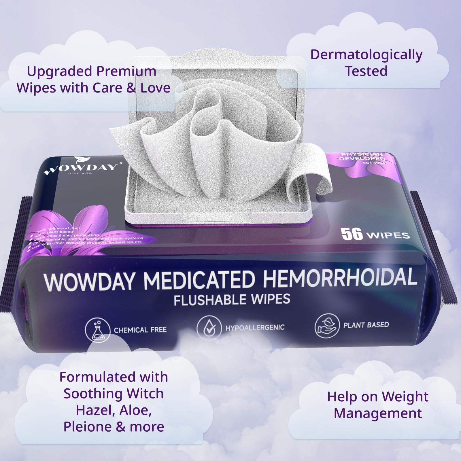 Wowday Flushable Hemorrhoid Wipes | Maximum Strength Witch Hazel Wipes | 56 Count Fragrance Free Adult Hemorrhoids Medicated Witch Hazels Wipe for Butt Hemorrhoidal Itch WowDay Au supplements