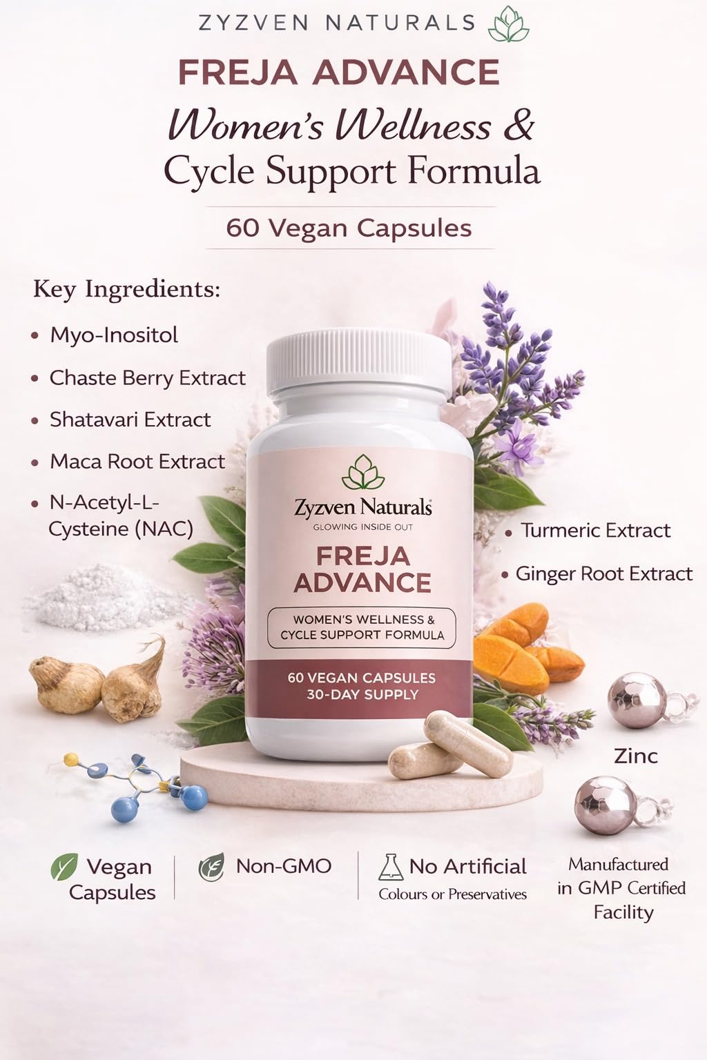 Zyzven Naturals Freja Advance – Women’s Wellness & Cycle Support Supplement – Myo-Inositol, Maca, Vitex, Shatavari, NAC, Zinc & Chromium – 60 Vegan Capsules – 30 Day Supply Zyzven Naturals Au supplements