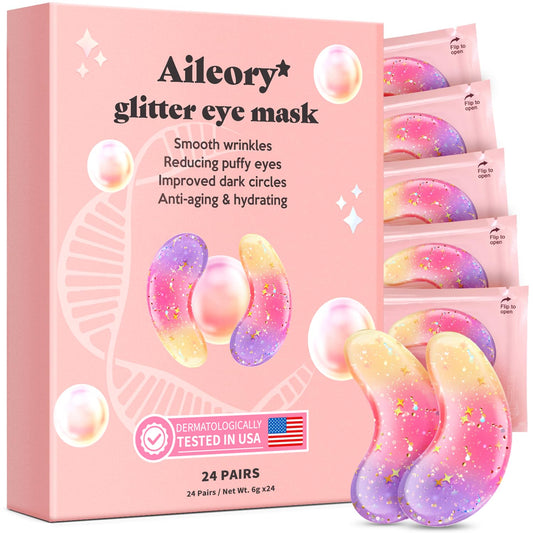AILEORY Under Eye Patches (24 Pairs) - Tri-color Glitter Eye Gel Pads for Dark Circles, Puffy Eyes, Under eye Bags, Wrinkles AILEORYUS supplements