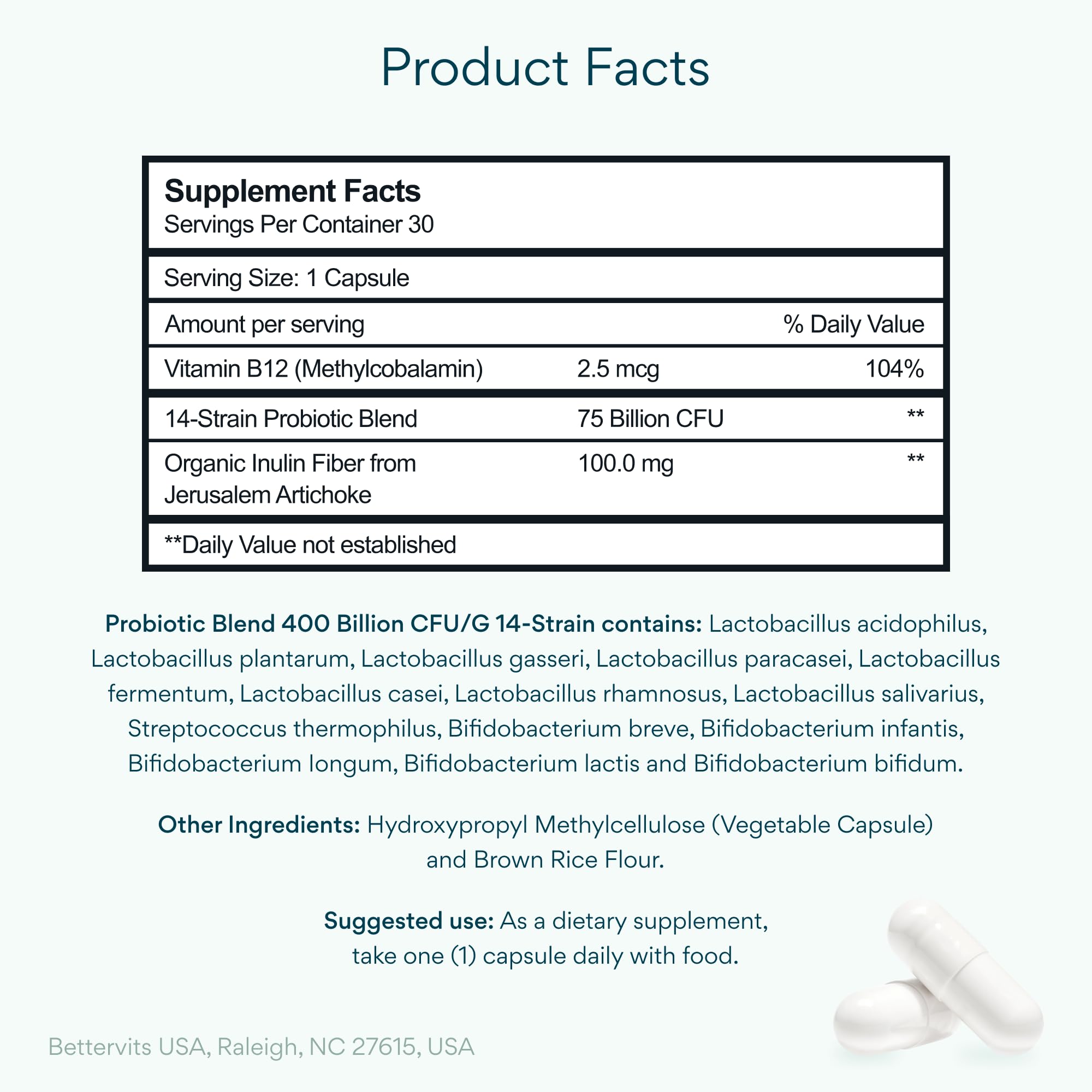Bettervits Probiotics for Women & Men – 75 Billion CFU | Digestive Health and Gut Support Prebiotic | 14 Clinically Studied Strains with Vitamin B12, Lactobacillus and Inulin Fiber | 30 Capsules Bettervits Au supplements