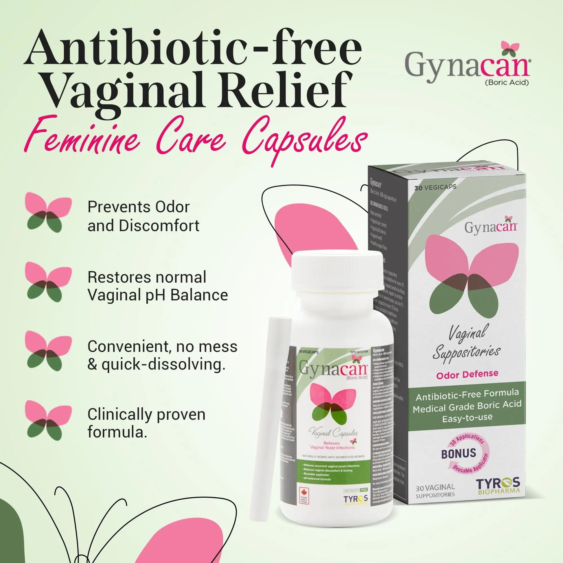 Gynacan Boric Acid Suppositories for Women - pH Balance Vaginal Treatment for Women Odor Prevention, Pure Formula, No-Mess Applicator, Gentle & Effective Gynacan Au supplements