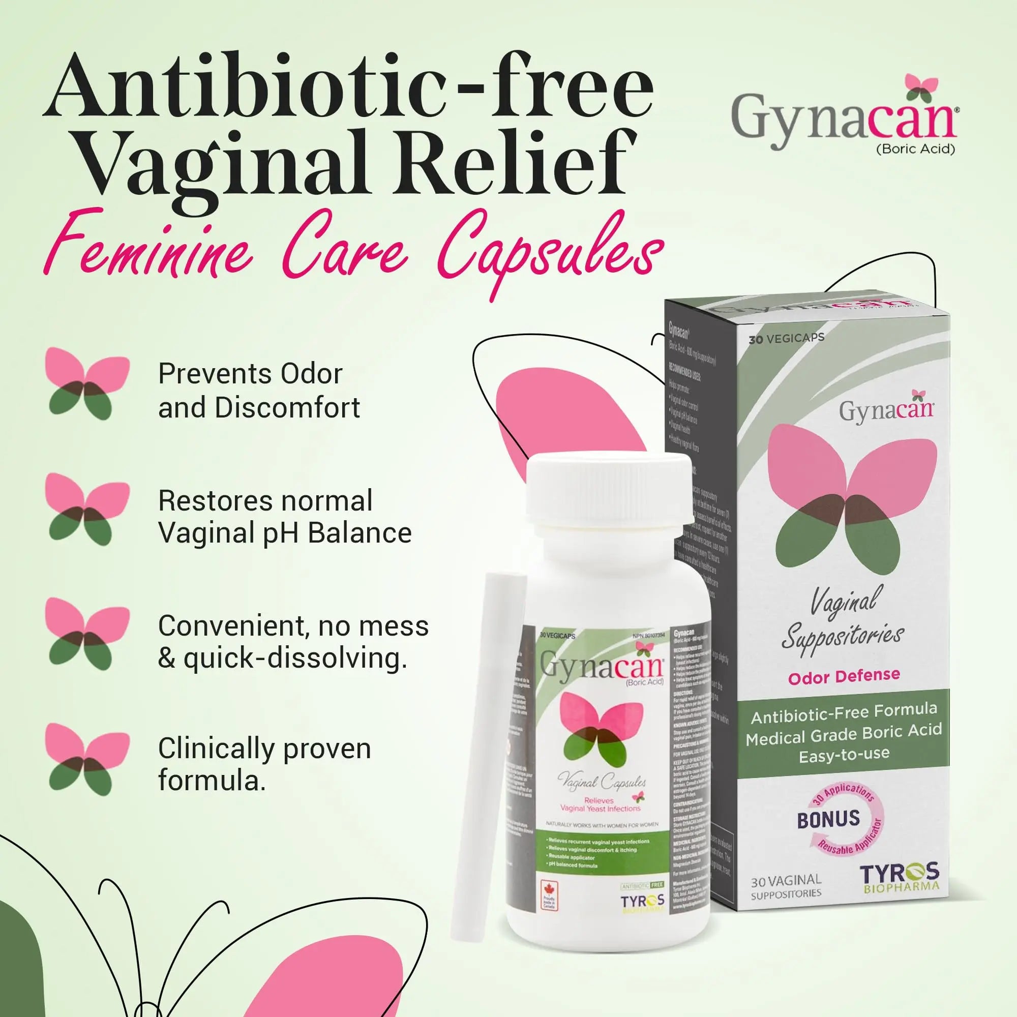 Gynacan Boric Acid Suppositories for Women - pH Balance Vaginal Treatment for Women Odor Prevention, Pure Formula, No-Mess Applicator, Gentle & Effective Gynacan Au supplements