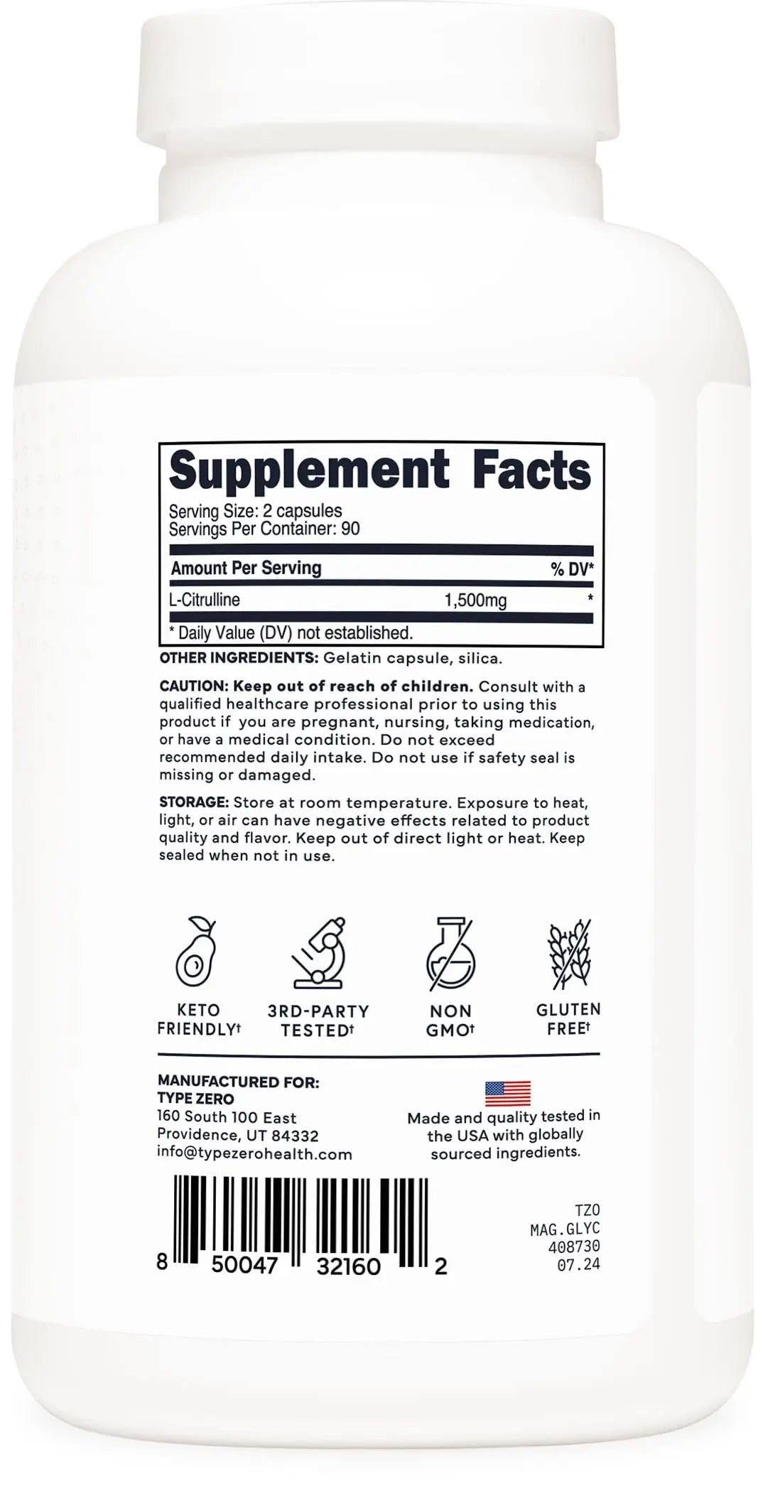 Type Zero L-Citrulline Capsules (180 Capsules) (1500 mg per Serving) - GMO-Free Type Zero Au supplements