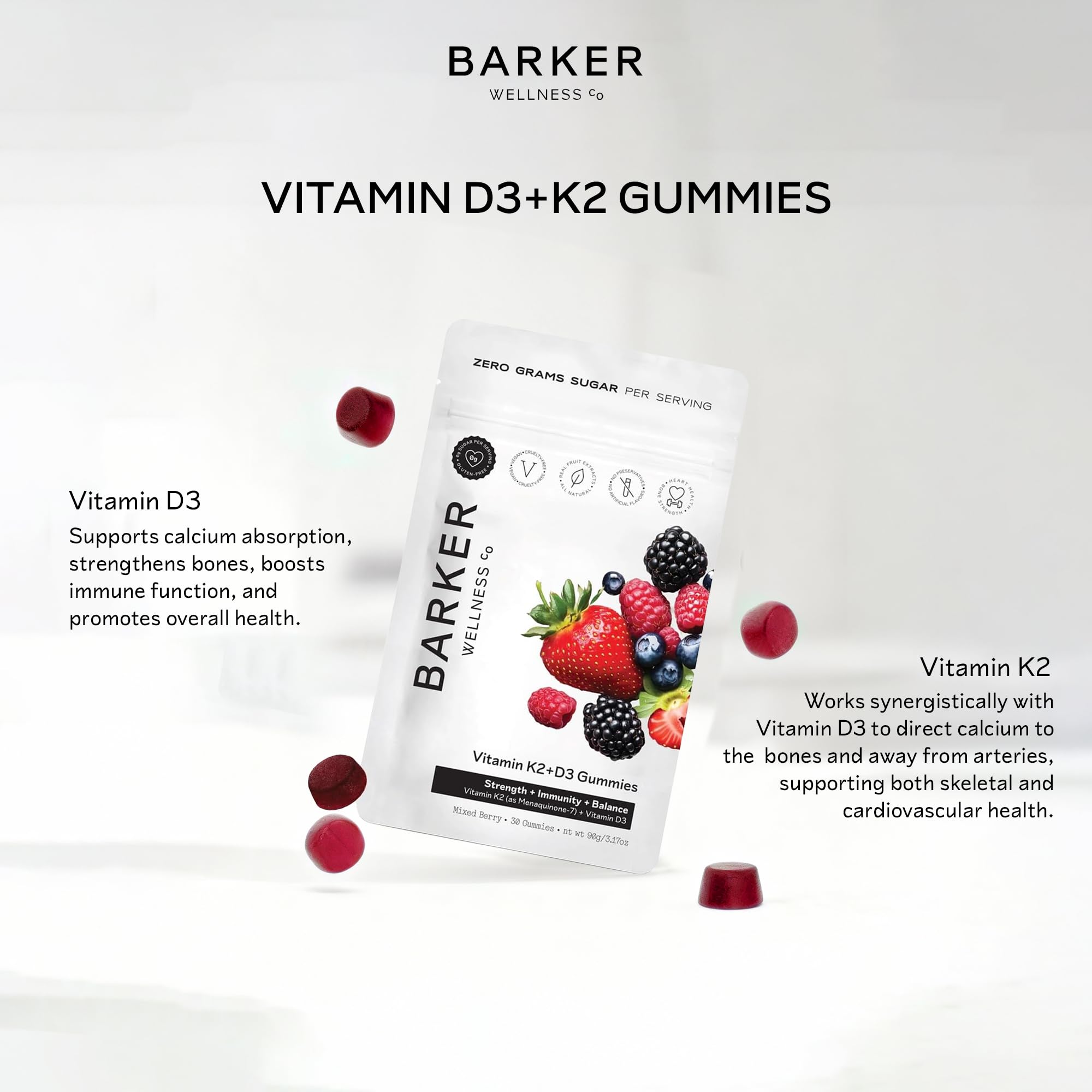 Barker Wellness D3 K2 Vitamin Gummies – Max Potency 6000IU D3 + 200mcg K2 for Strong Bones, Cardiovascular Wellness, Immune Support | Vegan, Sugar-Free, Delicious Mixed Berry | 30 Servings Barker Wellness Co Au supplements