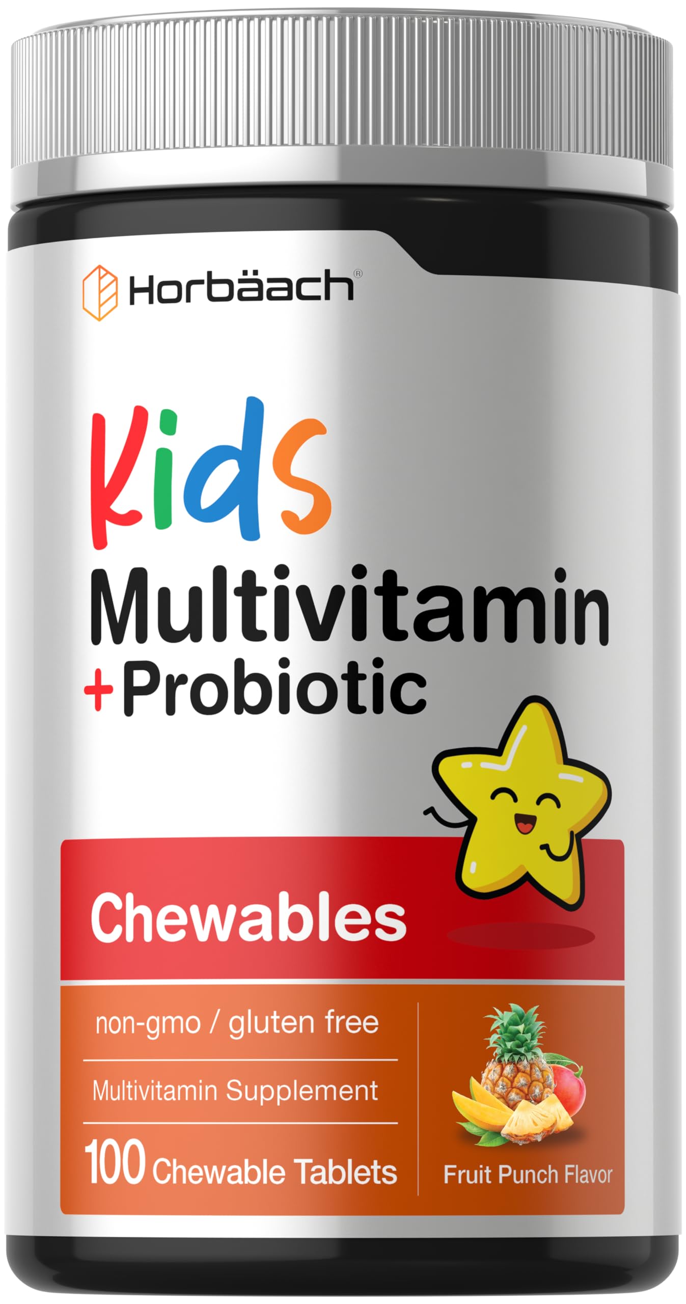 Horbäach Kids Multivitamin with Probiotics | 100 Chewable Tablets | Fruit Punch Flavor | Vegetarian, Non-GMO, Gluten Free Children's Supplement Horbäach Au supplements
