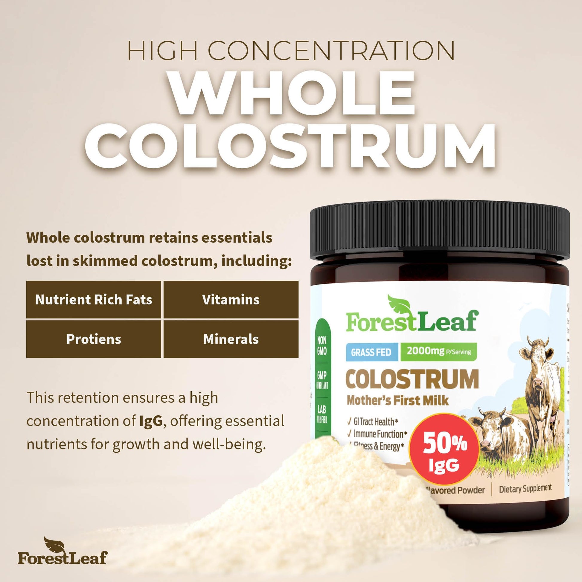 ForestLeaf Colostrum Powder 50% IgG Highest Pure Concentration, Grass Fed Colostrum Supplement for Gut Health, Immune Support and Muscle Recovery, Bovine Colostrum for Humans, Unflavored, 45 Servings ForestLeaf Au supplements