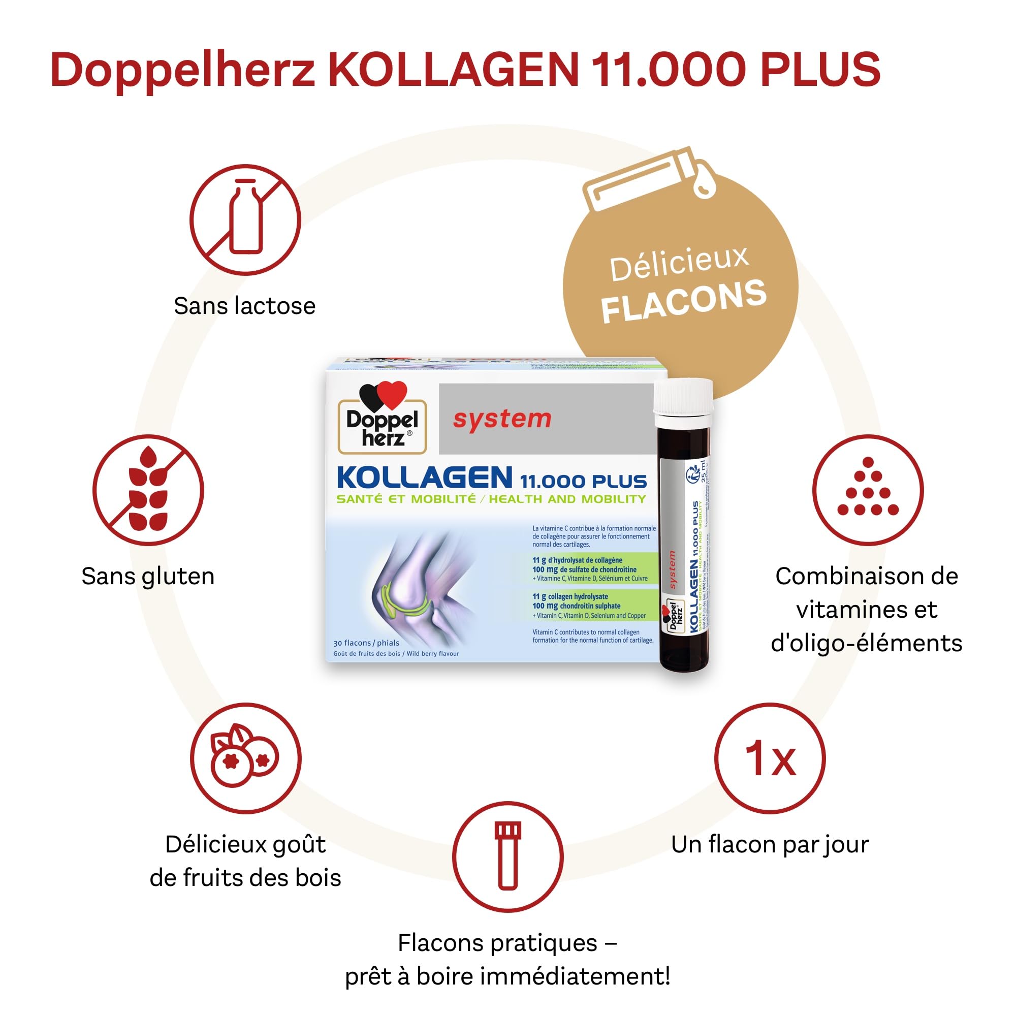 Doppelherz - Kollagen 11000 Plus - Collagen hydrolysate, chondroitin Sulphate, Vitamins C and D and Trace Elements - for Bones, cartilages and tendons - Wild Berry Flavour Liquid- 30 Bottles of 25ml Doppelherz Au supplements