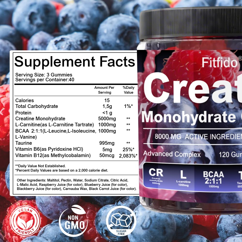 Creatine Monohydrate Gummies Complex 8000mg for Men and Women, Containing L-carnitine & Taurine, Build Muscle, Boost Energy, Faster Recovery, Sugar Free & Vegan, Raspberry & Blackberry, 120 Count Fitfido Au supplements