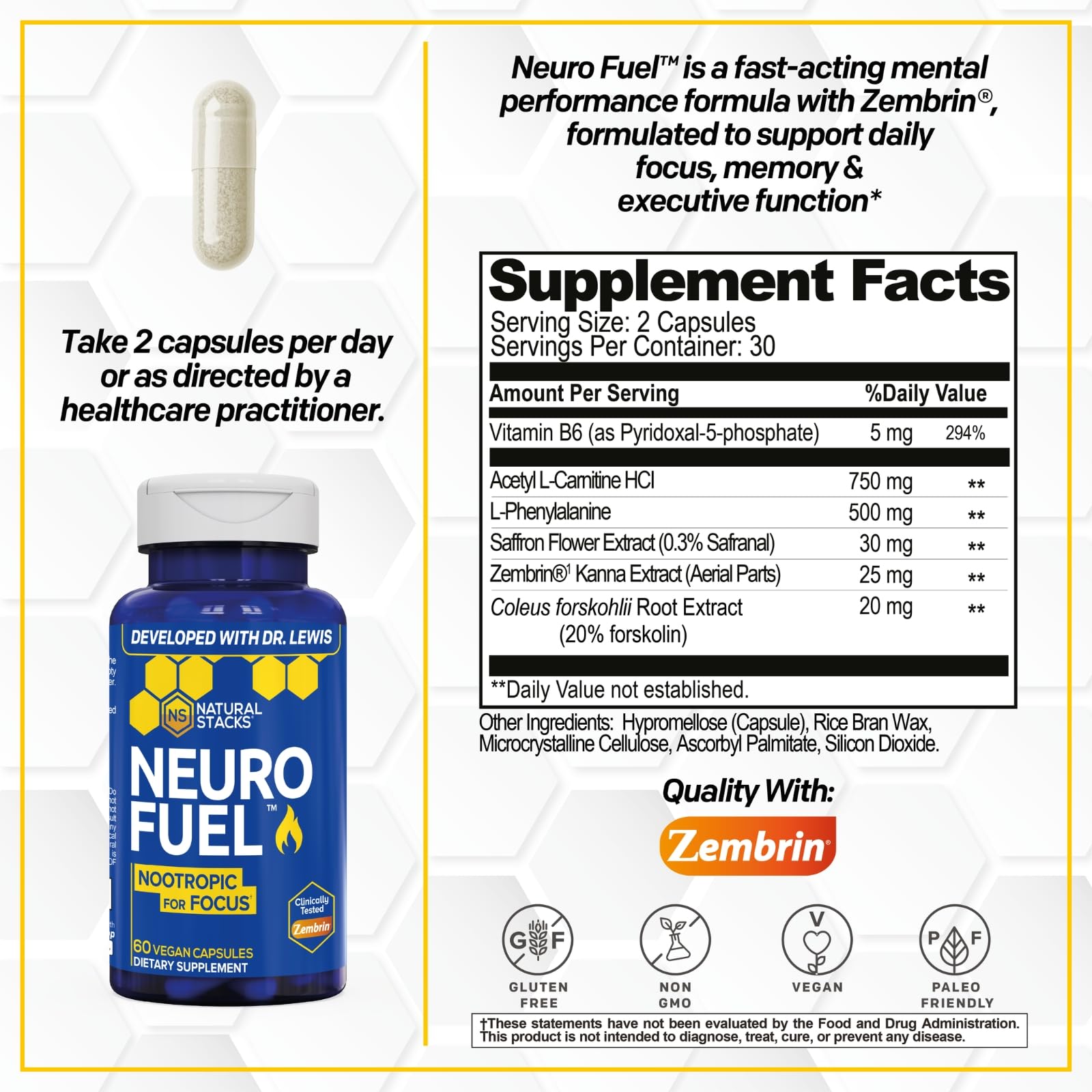 NATURAL STACKS NeuroFuel Nootropic with Zembrin - Doctor Developed Memory & Focus Supplement - Kanna Extract Sceletium Tortuosum - Nootropic Brain Supplement for Focus - 60 Zembrin Capsules NATURAL STACKS Au supplements
