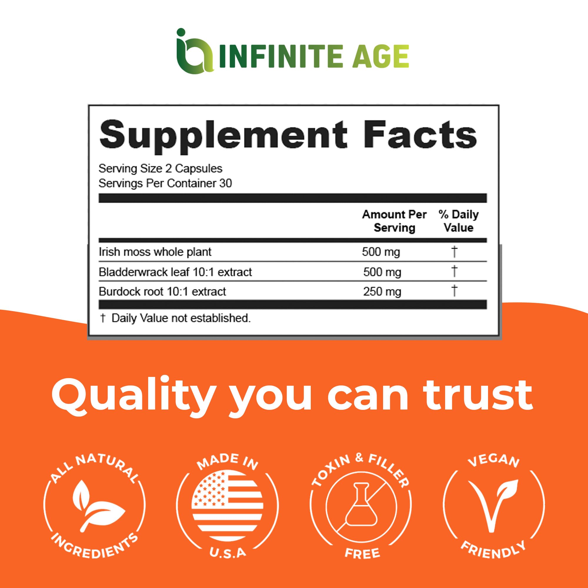INFINITE AGE 1250mg Sea Moss Advanced Superfood Capsules, 60 Count - High-Potency, Vegan, Made in The USA - Irish Seamoss, Bladderwrack, Burdock Root - Overall Health, Immunity Support INFINITE AGE Au supplements