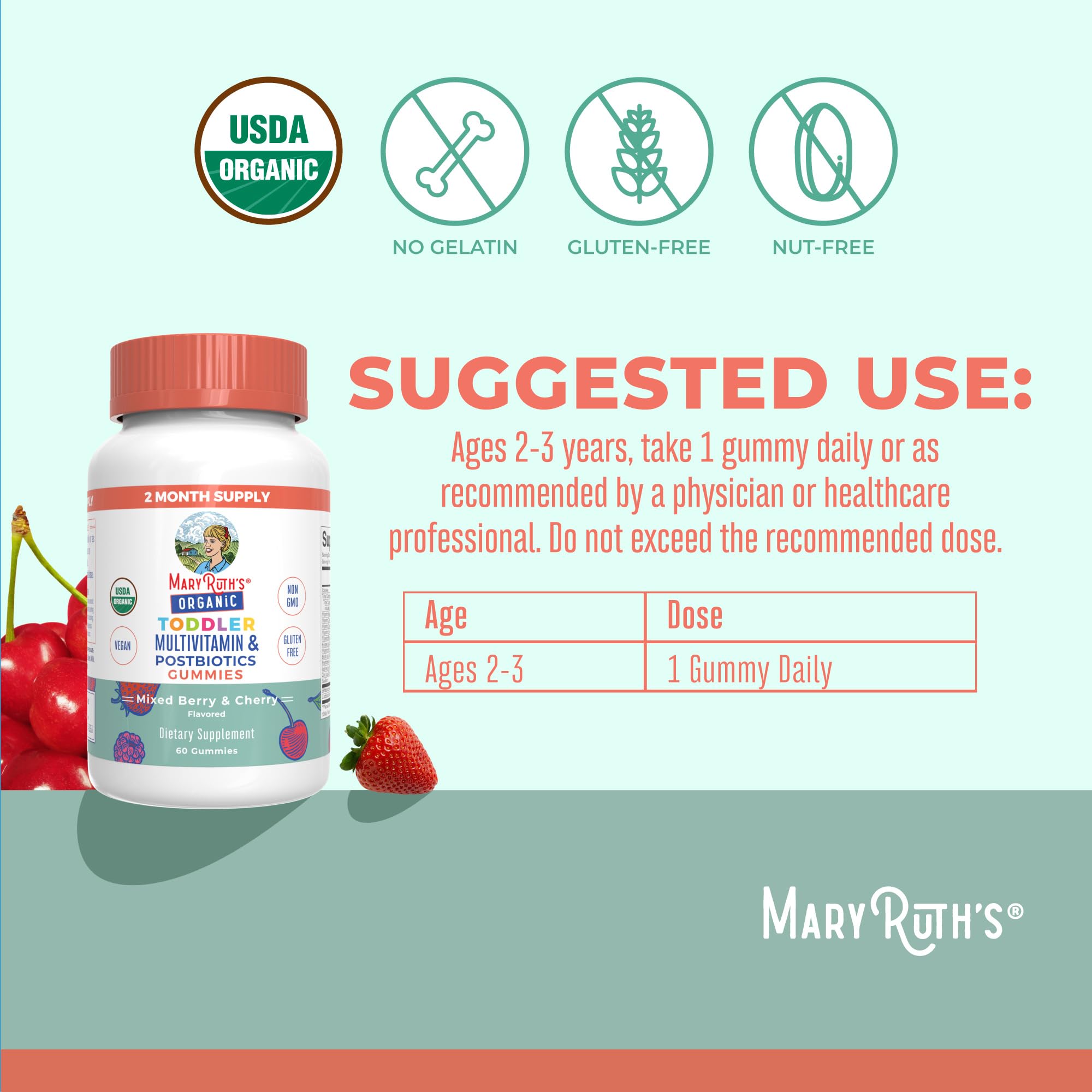 MaryRuth Organics Toddler Multivitamin Gummies + Postbiotics | USDA Organic | Vitamins for Kids Ages 2+ | Immune Support | Vitamin C | Vitamin D3 | Vitamin A | Zinc | Vegan | Non-GMO | 60 Servings MARYRUTH'S Au supplements