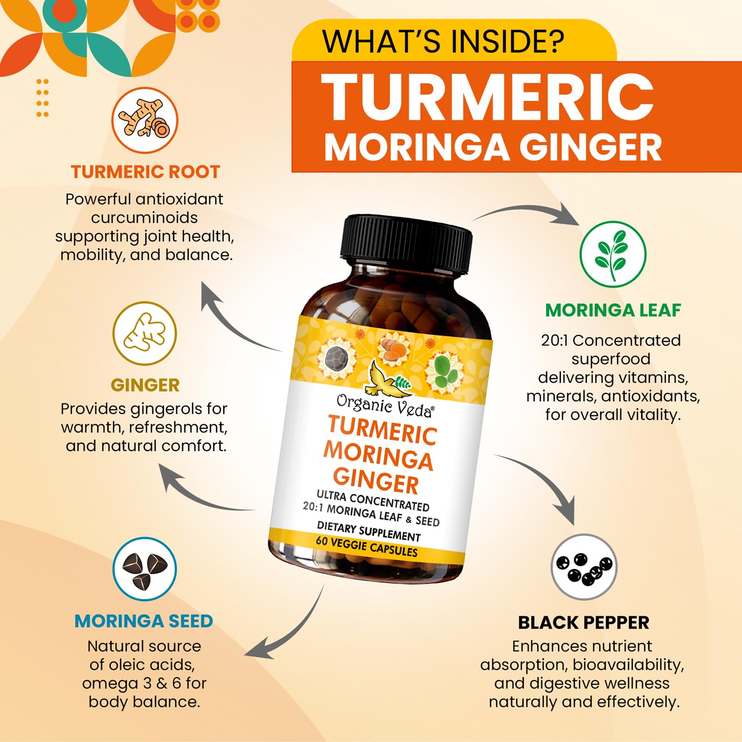 Organic Veda Turmeric Moringa Ginger Capsules - Super Antioxidants & Curcumin Supplement with 20:1 Moringa Leaf & Seed Extract, Black Pepper - Energy, Joints, Heart Health Support - 60 Vegan Pills Organic Veda Au supplements