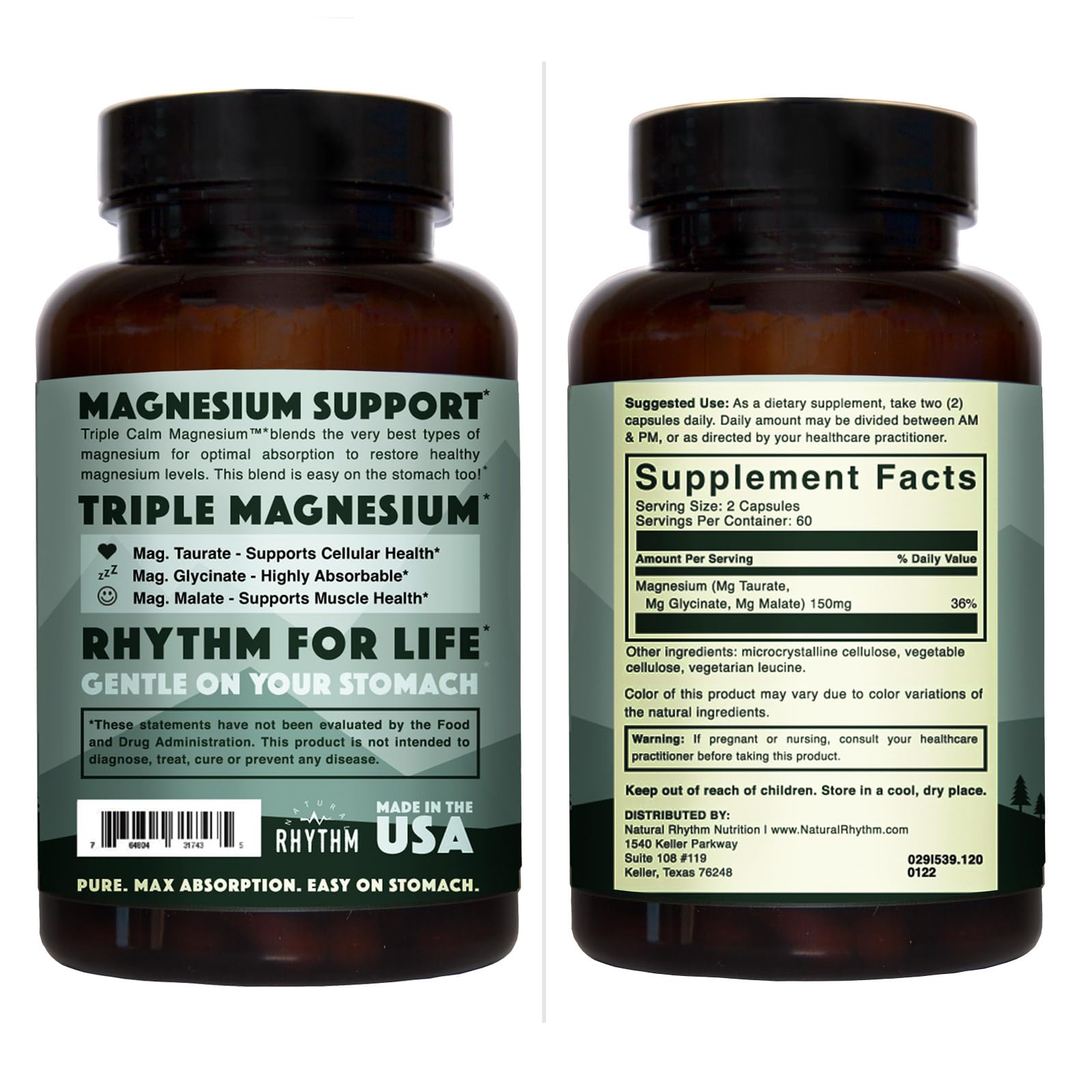 Natural Rhythm Triple Calm Magnesium Complex - 120 Capsules, Chelated Magnesium Glycinate, Taurate & Malate, High Absorption Supplement for Sleep, Stress, Muscle & Heart Support, Non-GMO, Vegan Natural Rhythm Au supplements