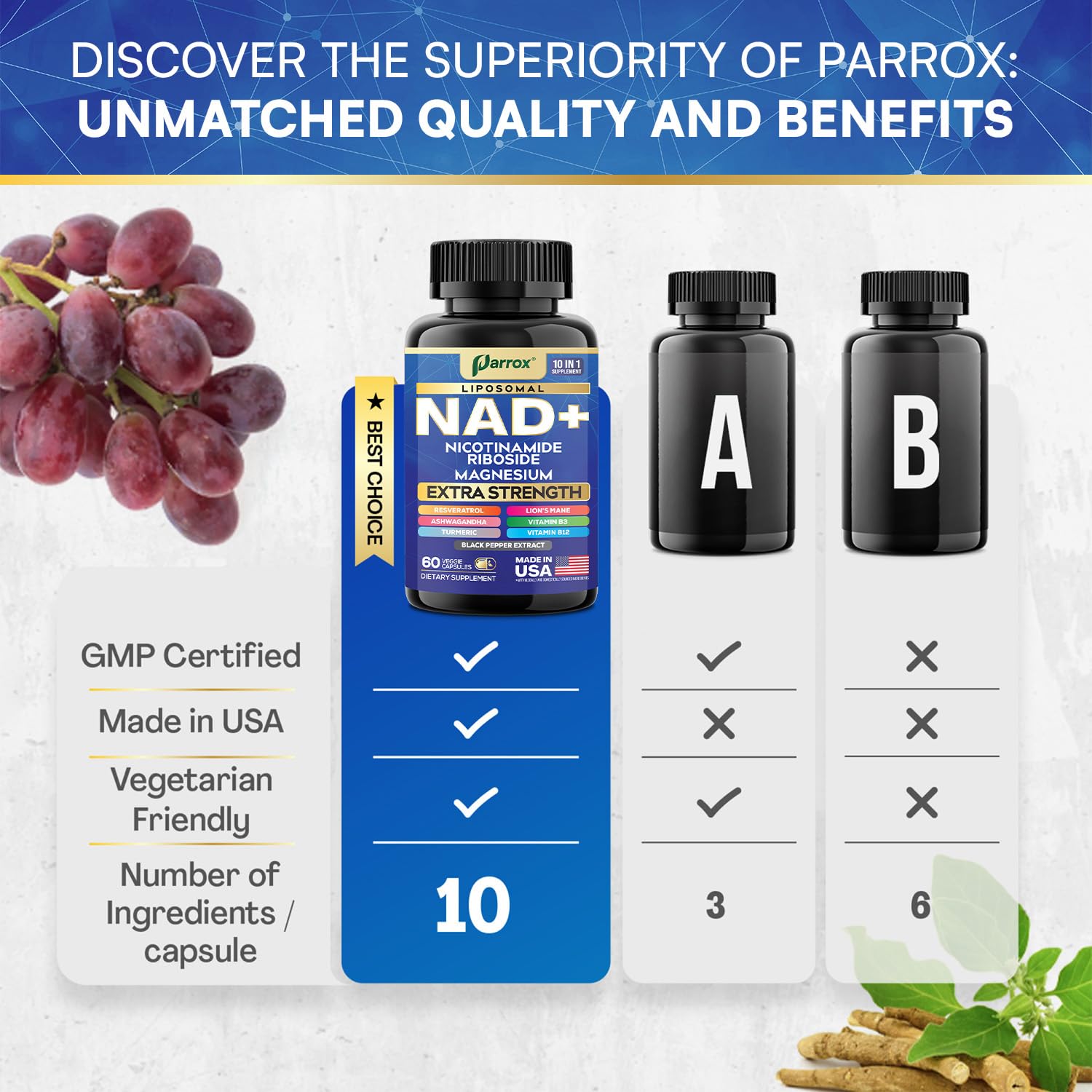 Parrox NAD+ Supplement with Liposomal NAD+, Nicotinamide Riboside, Magnesium, Vitamin B3 & B12, Resveratrol, Turmeric, Ashwagandha, Lion’s Mane,10-in-1 Extra Strength (2 Pack) Parrox Au supplements