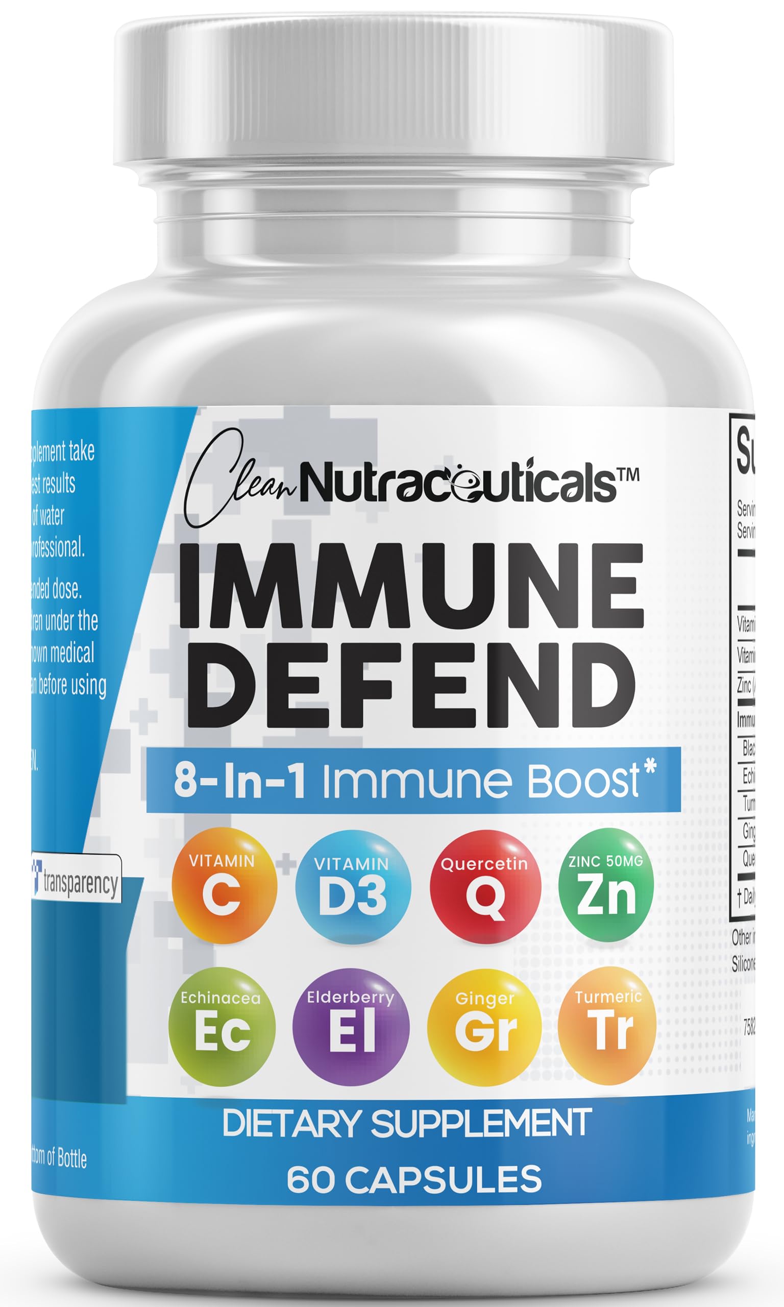 Clean Nutraceuticals Immune Defense Support Supplement 8 in 1 with Zinc 50mg Quercetin, VIT C 1000mg, Vitamin D3 5000 IU, Elderberry, Ginger - Immunity System Booster for Adults, Vegan - 60 Count Clean Nutraceuticals Au supplements
