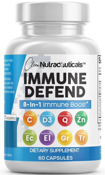 Clean Nutraceuticals Immune Defense Support Supplement 8 in 1 with Zinc 50mg Quercetin, VIT C 1000mg, Vitamin D3 5000 IU, Elderberry, Ginger - Immunity System Booster for Adults, Vegan - 60 Count Clean Nutraceuticals Au supplements