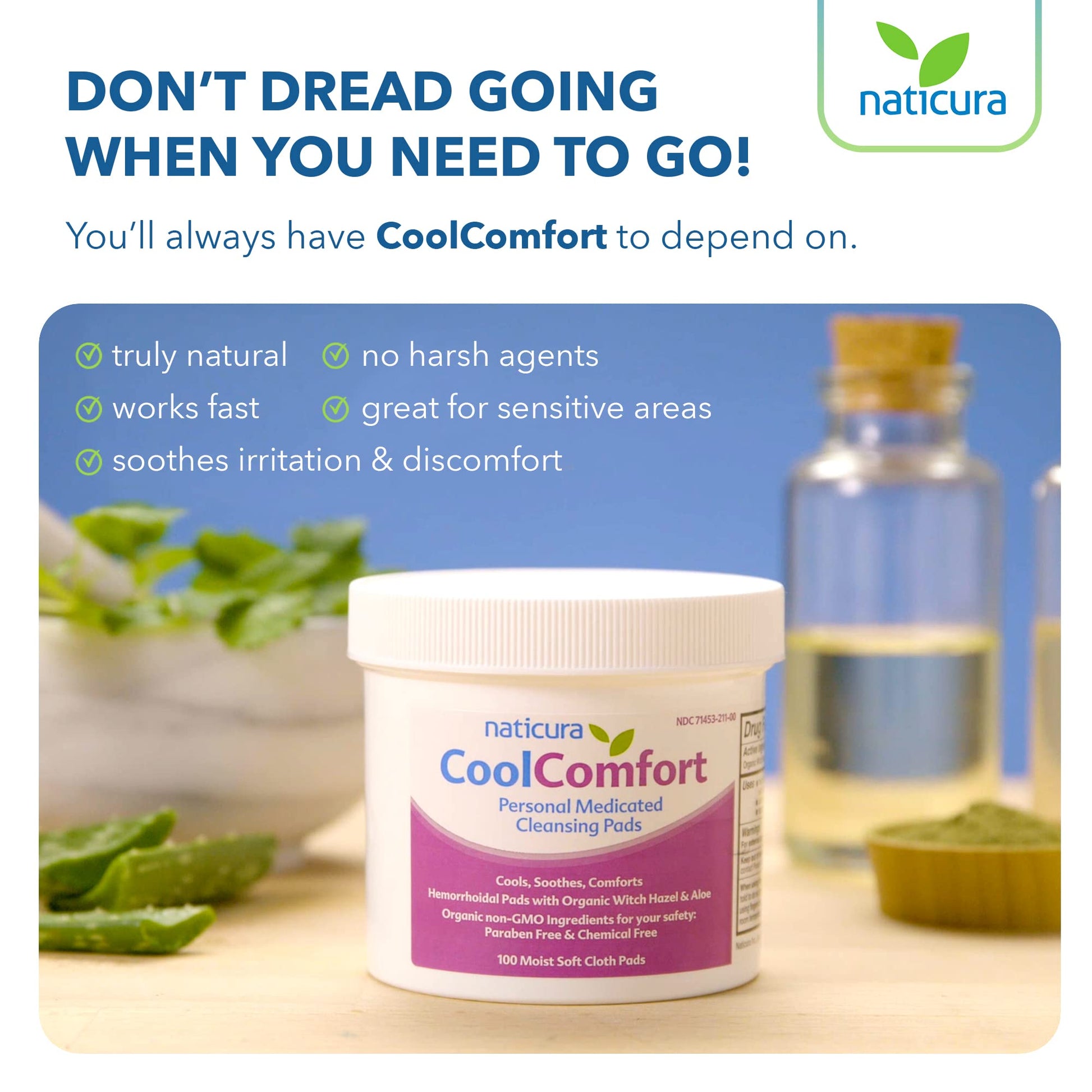 CoolComfort Personal Cleansing Pads with Organic Witch Hazel and Aloe Vera - All Natural and Fast Acting Wipes for Hemorrhoid Burning, Itching, Pain and Swelling - 100 Pads - No Parabens - Made in USA Naticura Au supplements